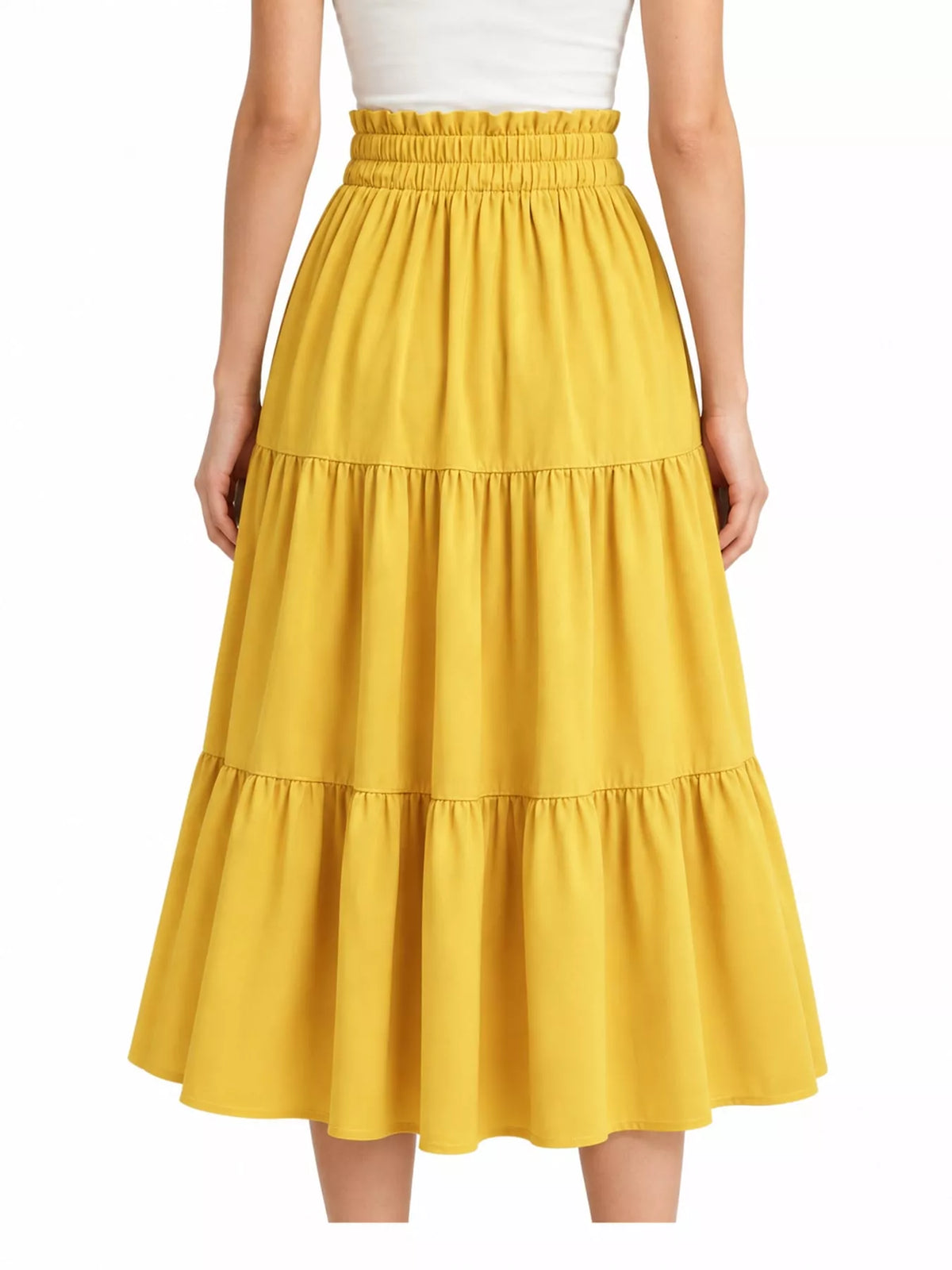Yellow tiered midi skirt with smocked-looking elastic waistband and center drawstring ties.