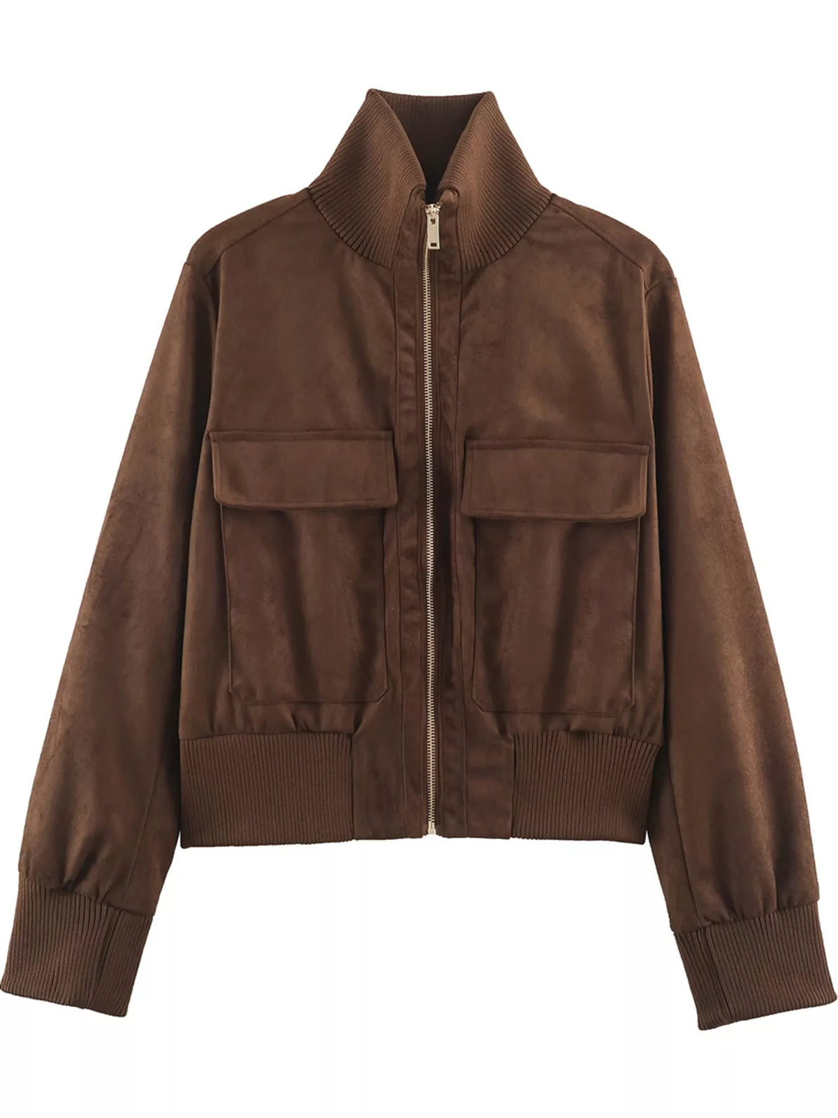 Dark brown zip-up long sleeve jacket with ribbed collar and two chest flap pockets