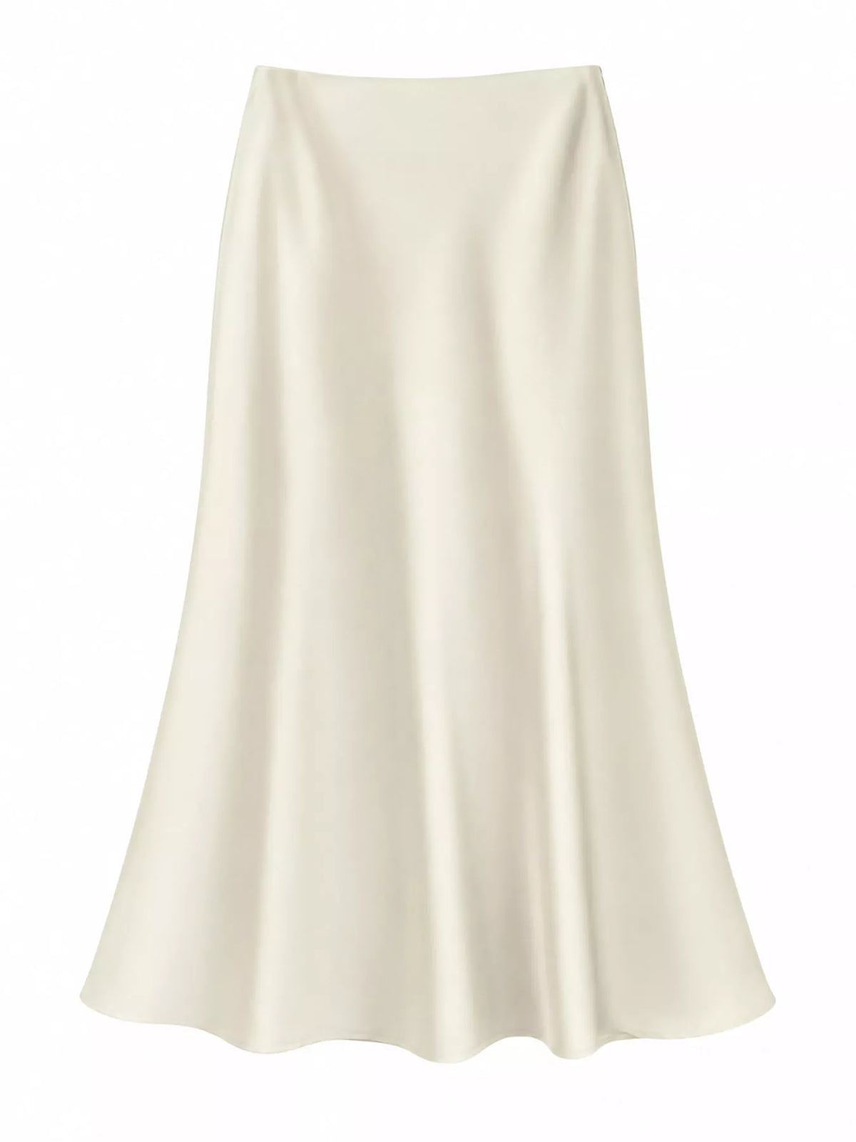 Ivory satin midi skirt with a high waist and flared hem