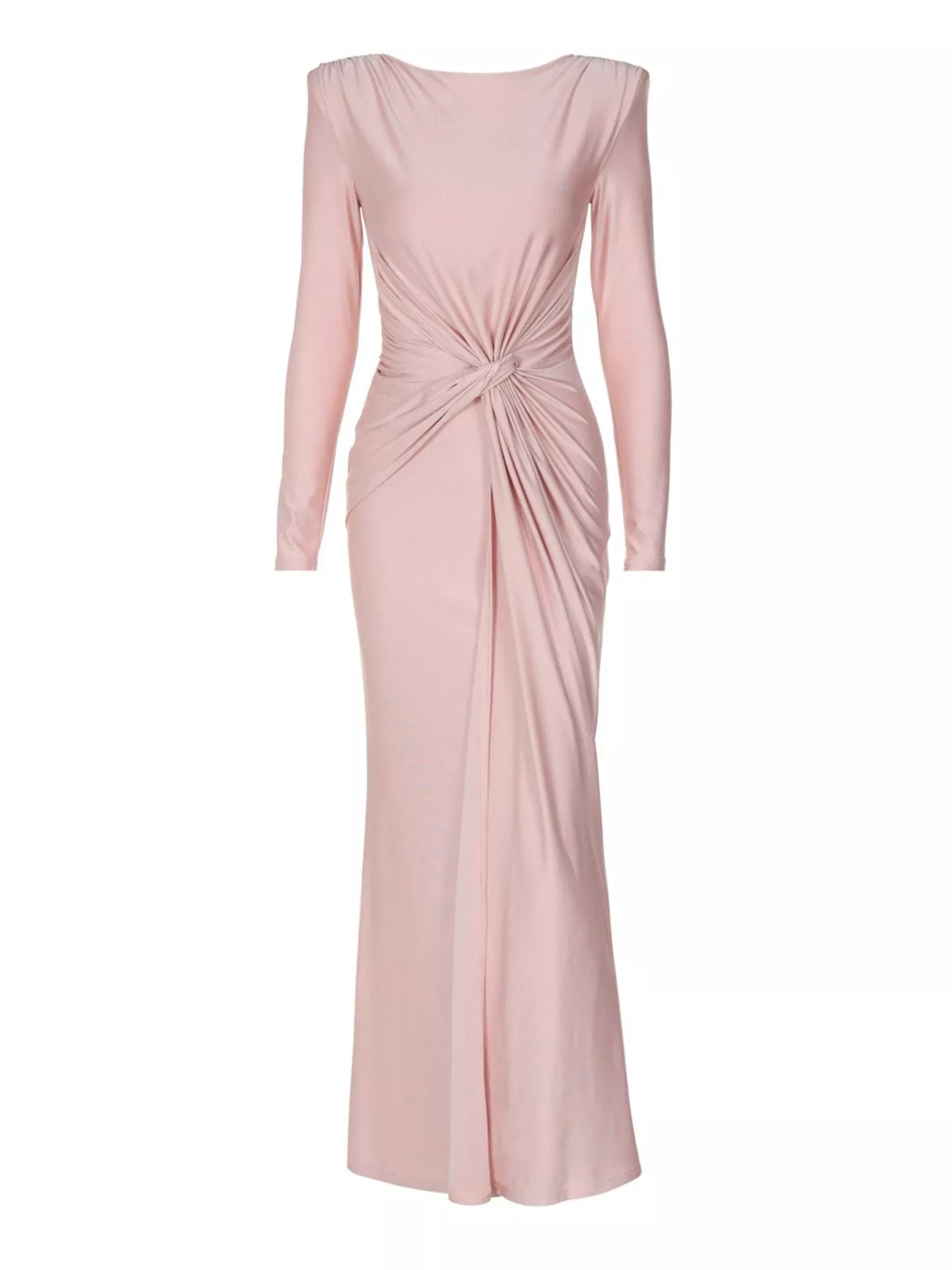 Pink twisted long-sleeve maxi dress with ruched center-back twist and smooth drape