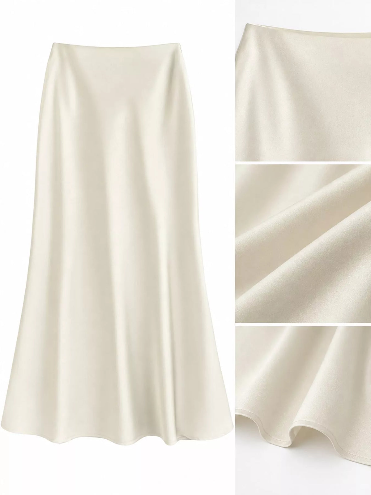 Ivory satin midi skirt with close-ups of the waistband, fabric, and hem