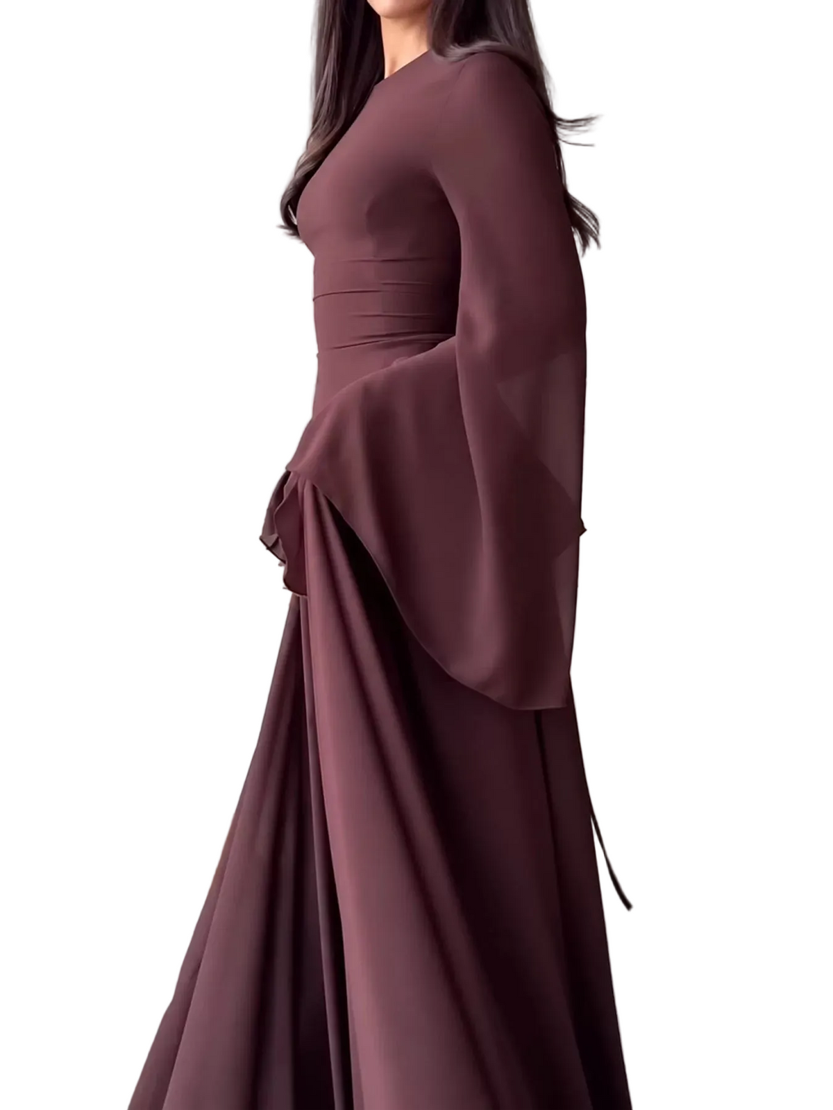 Plus size ruffled flare sleeve maxi dress in dark plum, side view with draped tiers