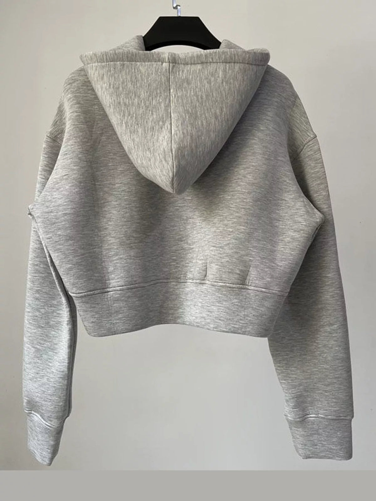 Light gray cropped zip-up hoodie with hood, full back view, and front zipper.