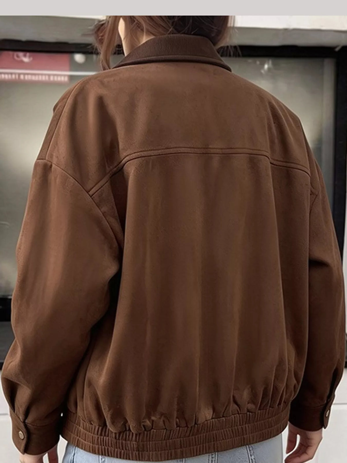 Coffee brown back view zip-up dropped-shoulder jacket with ribbed hem cuffs