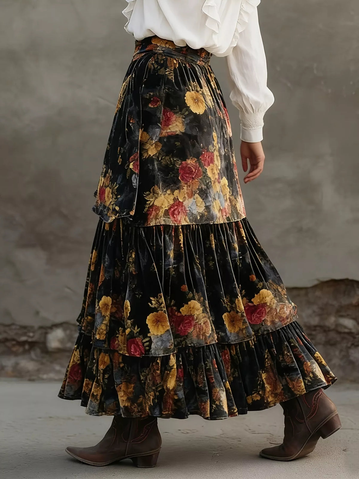 Tiered floral maxi skirt with multicolor flower print and layered ruffle hem