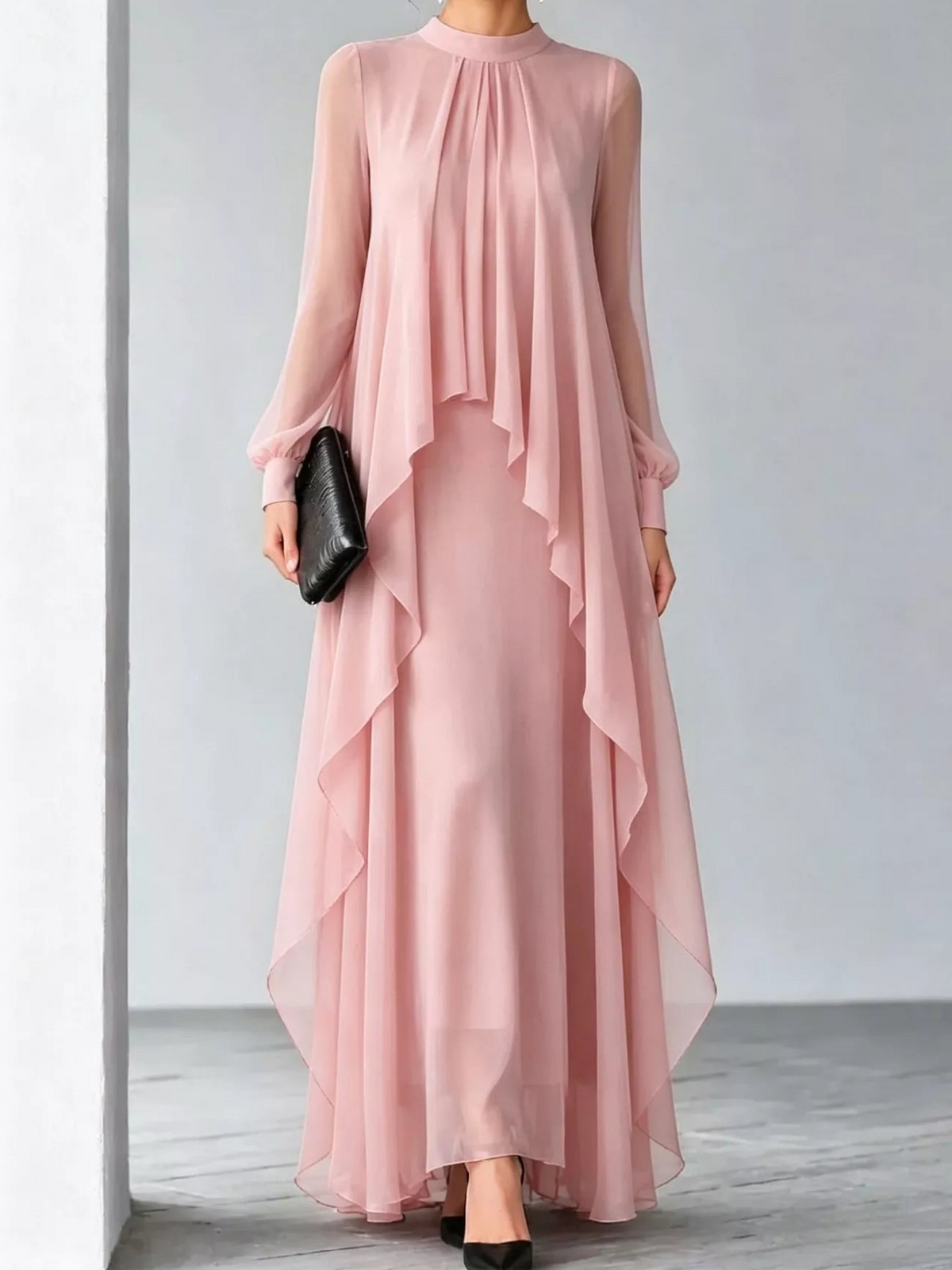 Pink chiffon maxi dress with sheer sleeves and cascading front layers
