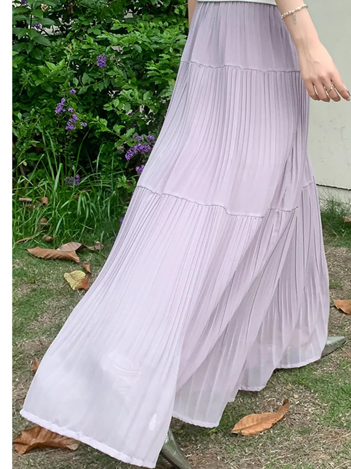 Light purple tiered pleated maxi skirt with high elastic waistband