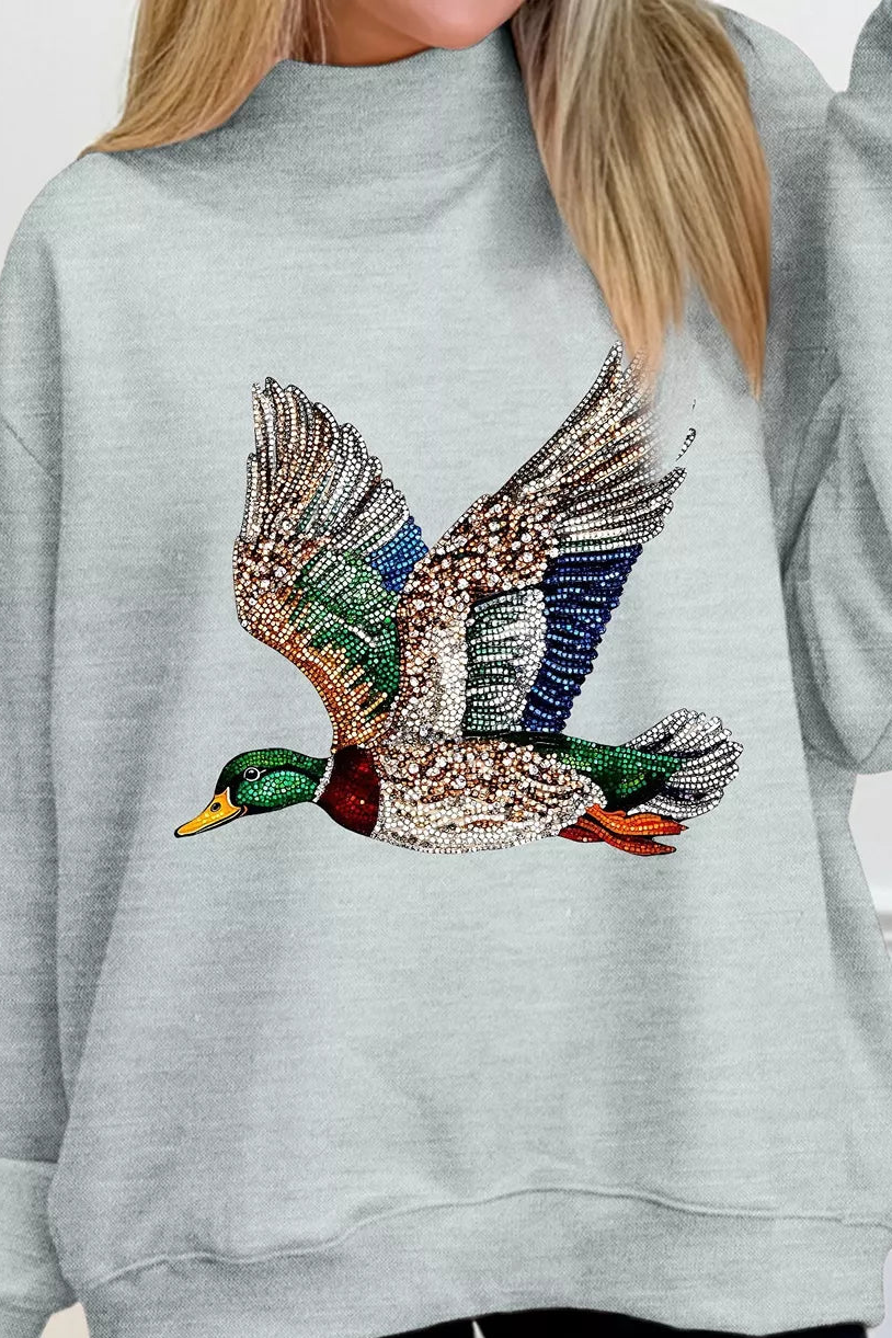 Gray mock-neck sweatshirt featuring a sequin mallard duck graphic centered on front