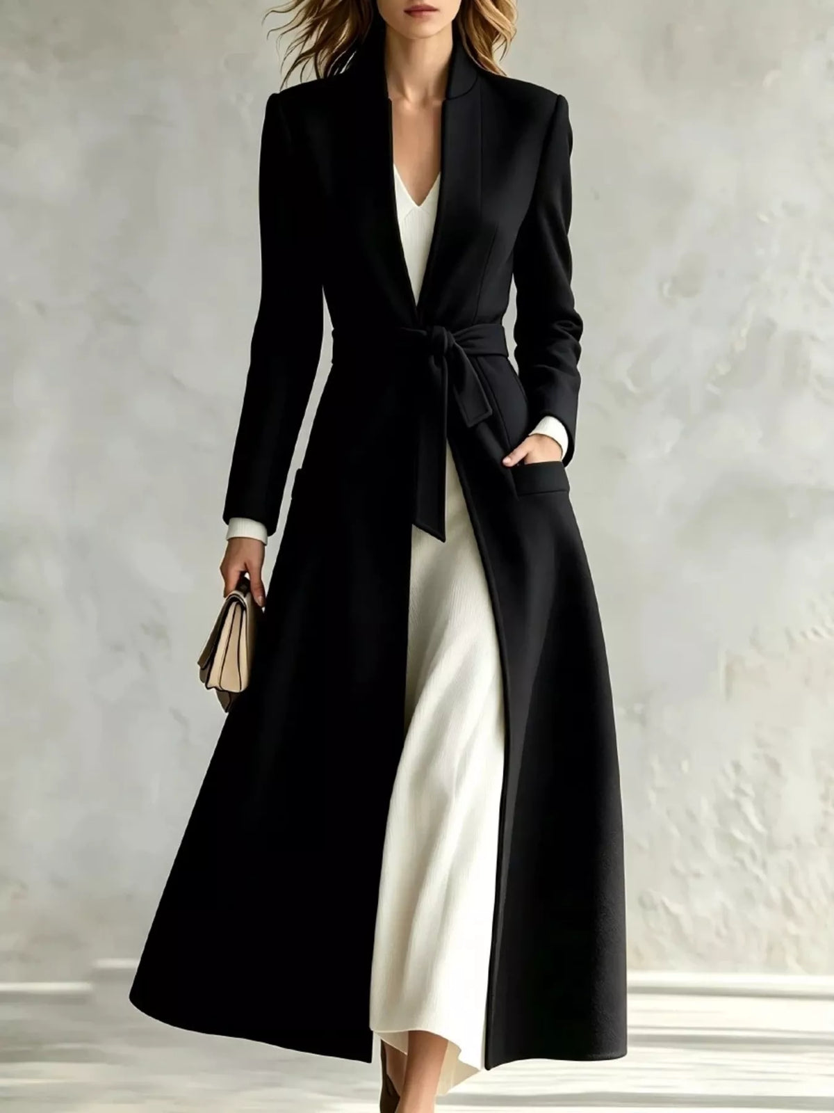 Black tie-waist long sleeve coat with V-neck and self-tie belt
