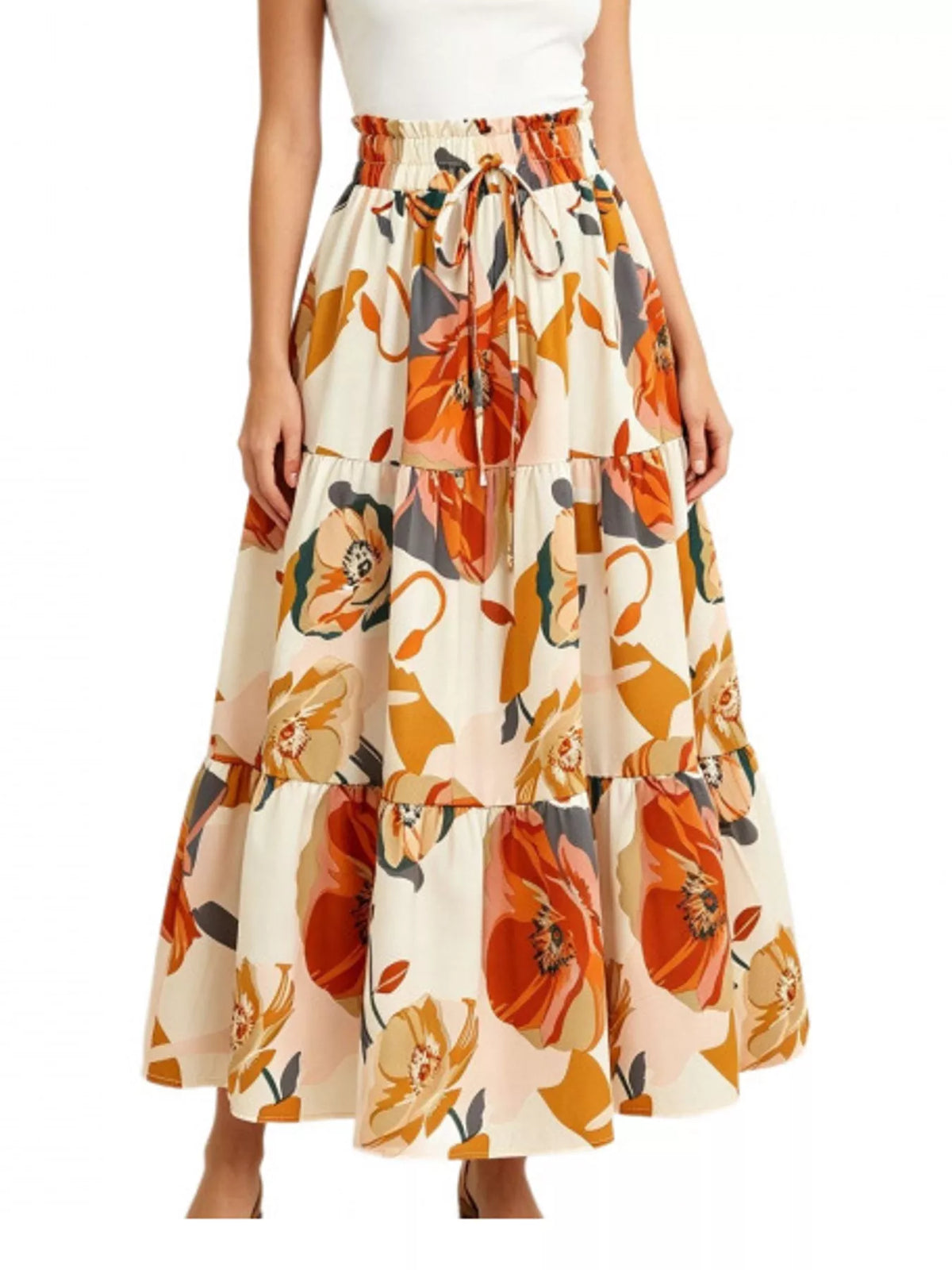 Floral tiered midi skirt with orange and navy flowers, elastic waistband with drawstring