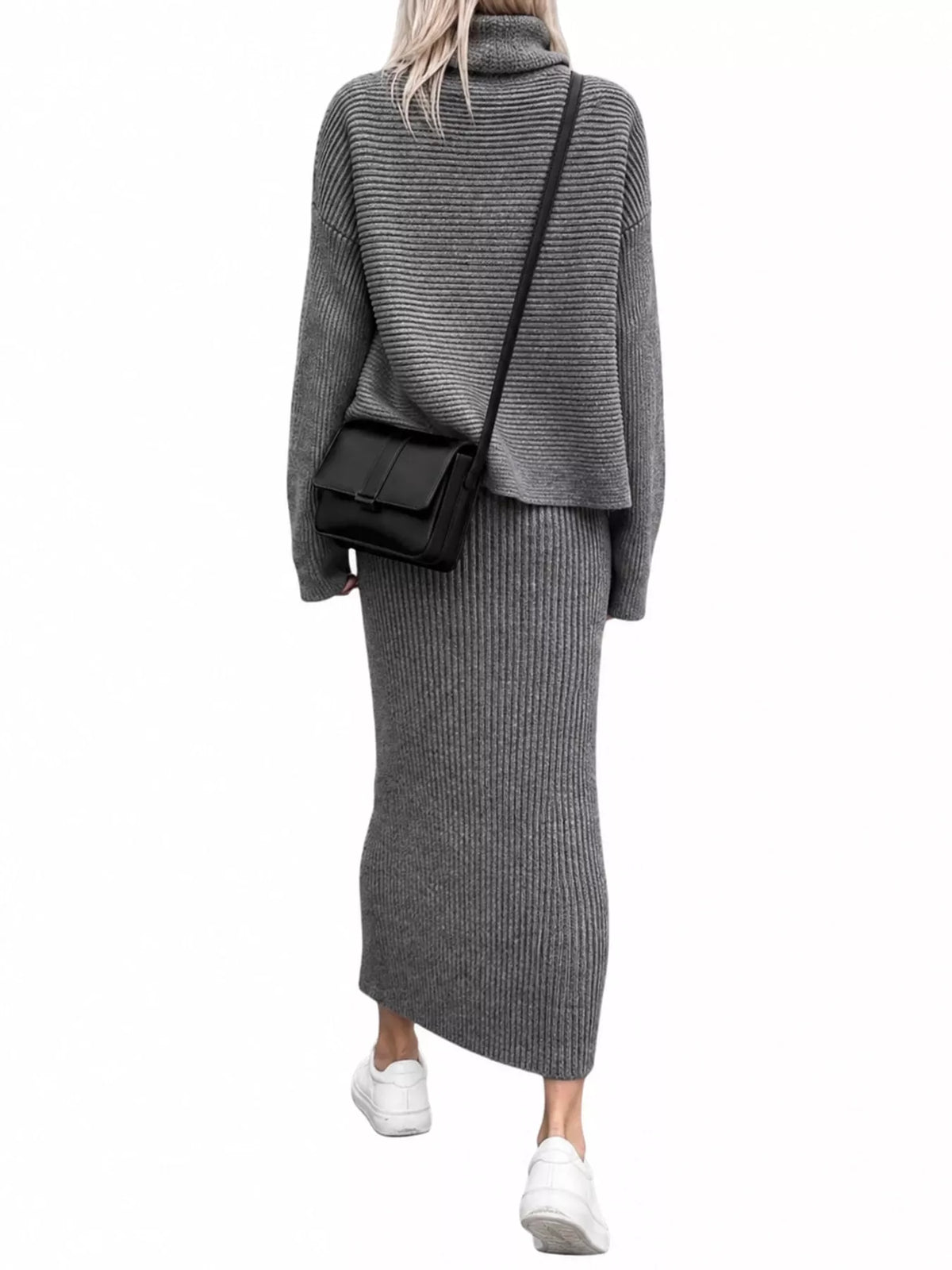 Gray ribbed turtleneck sweater and midi skirt set, back view