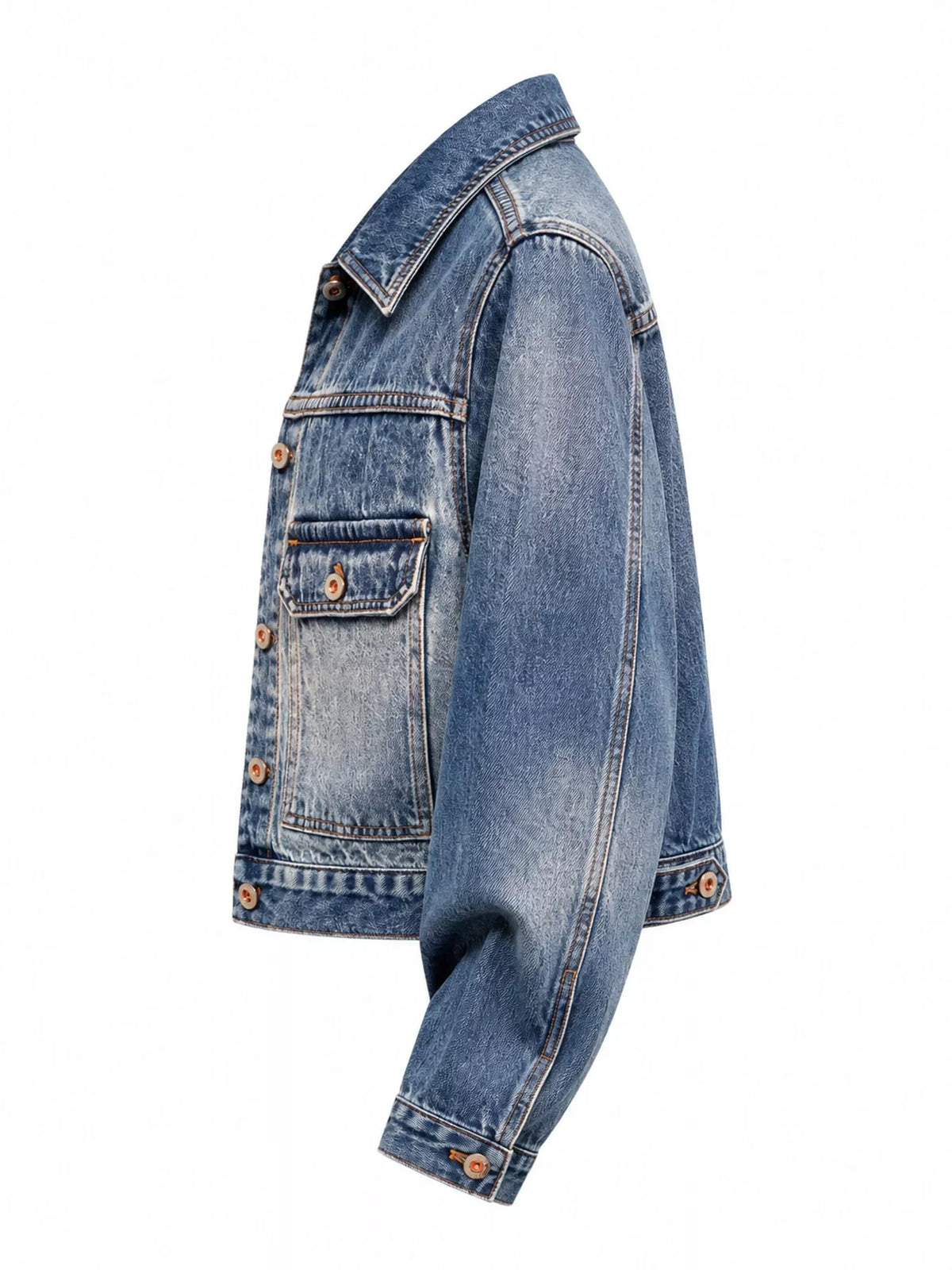 Cropped denim jacket side view with button front, flap chest pocket, long sleeves