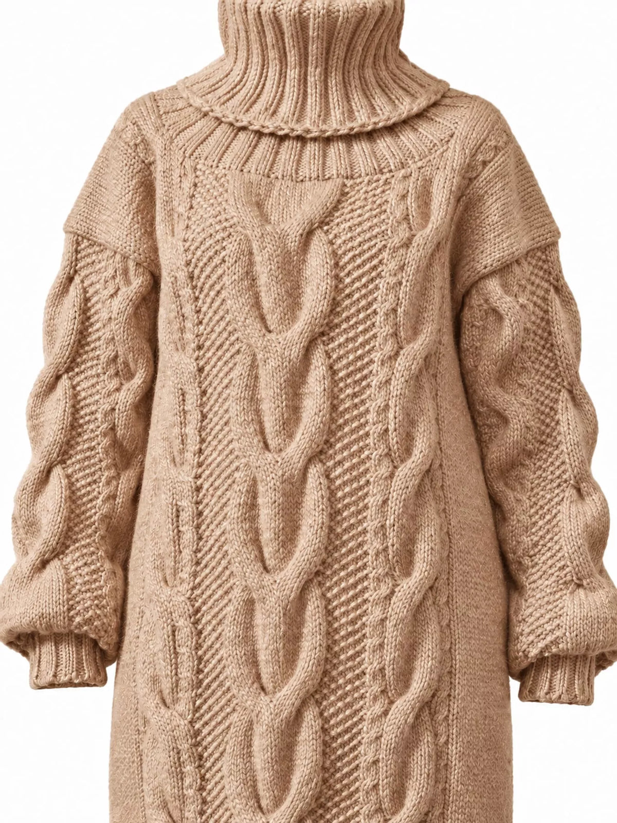 Chunky cable-knit turtleneck sweater dress in tan, close-up of cable knit texture.