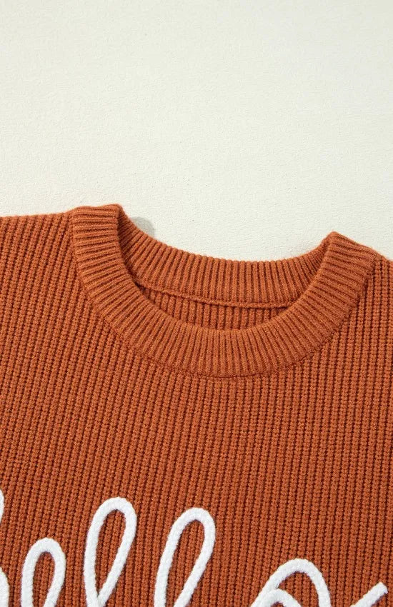 Terracotta knit sweater crew neck ribbing with partial 'Hello' lettering