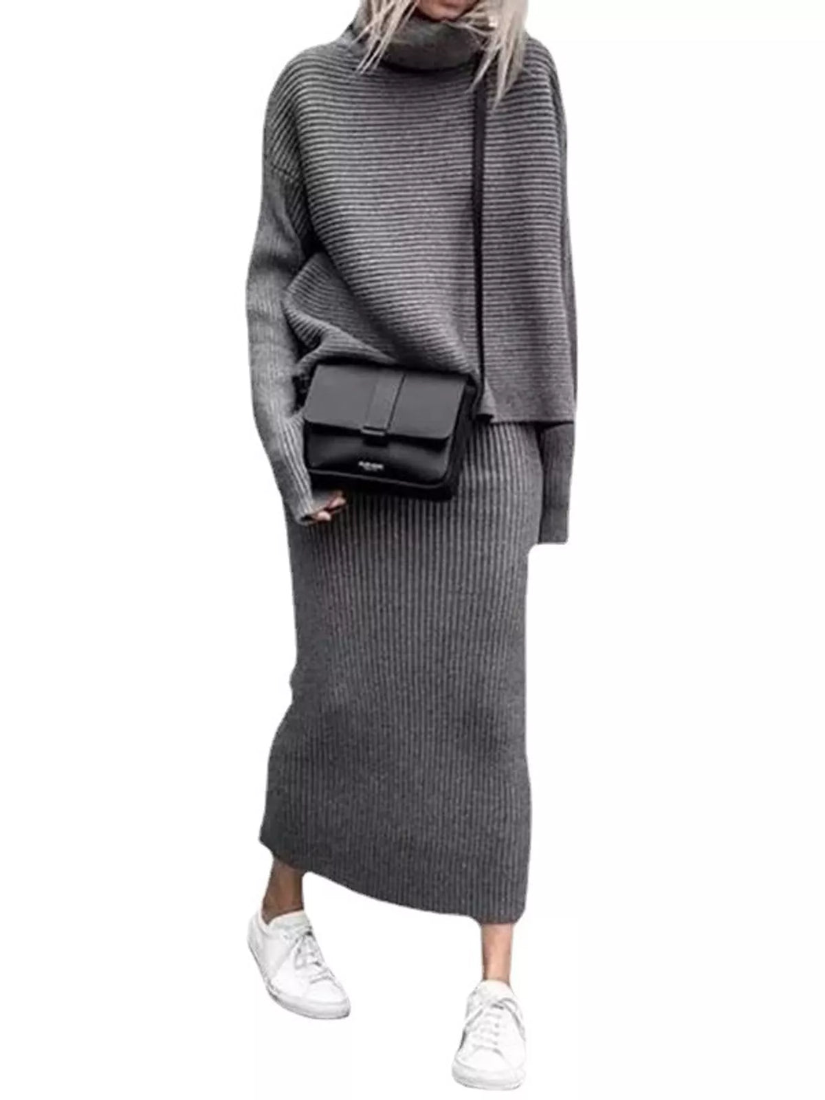 Gray ribbed sweater set with an oversized turtleneck top and straight midi skirt.