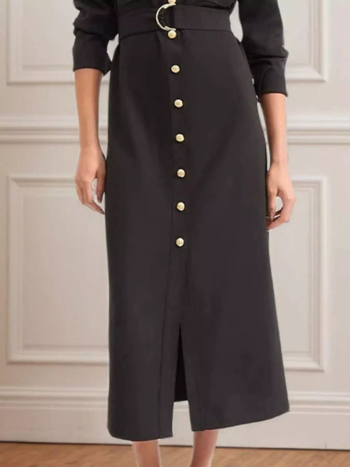 Black button-front long sleeve midi dress with center-back button placket and midi hem