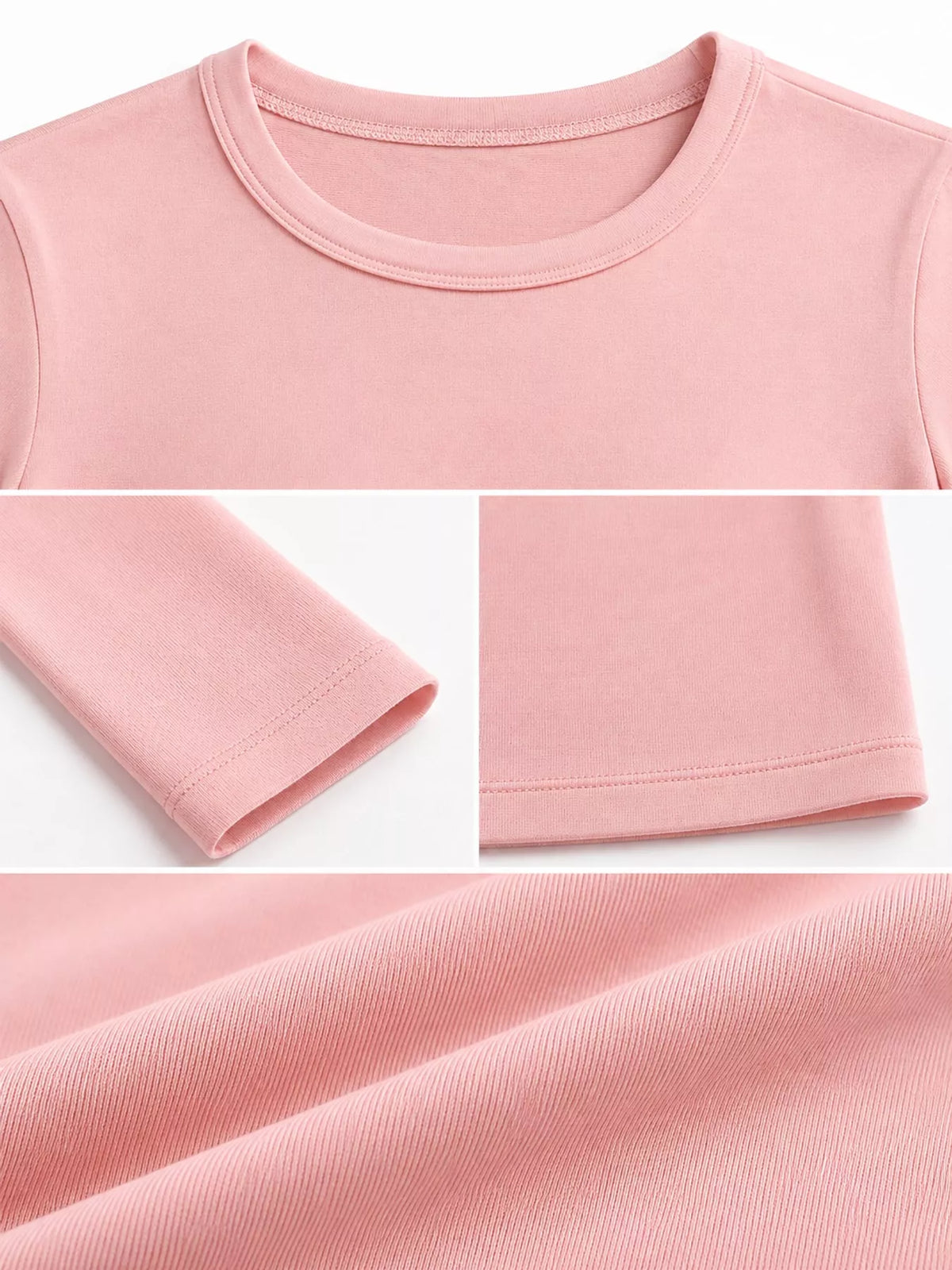 Light pink slim-fit long-sleeve crew-neck T-shirt fabric and cuff close-up