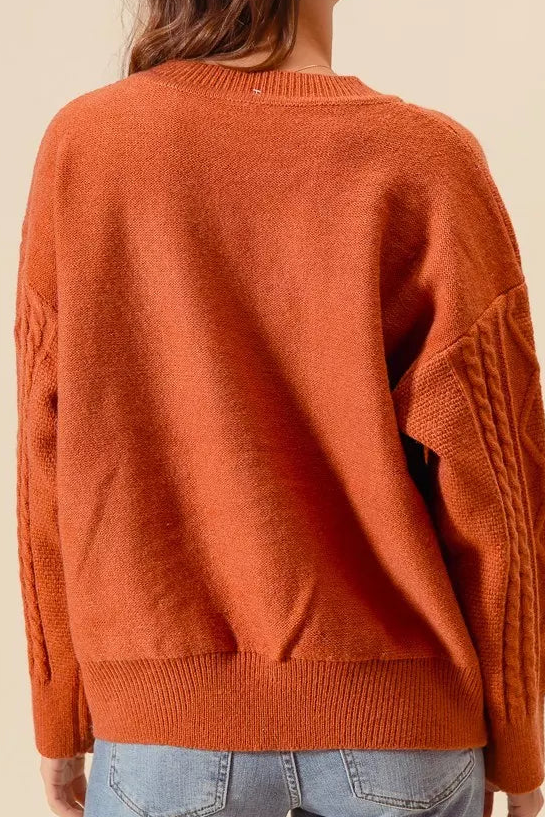 Back view of brick cable-knit sweater with ribbed collar and long sleeves