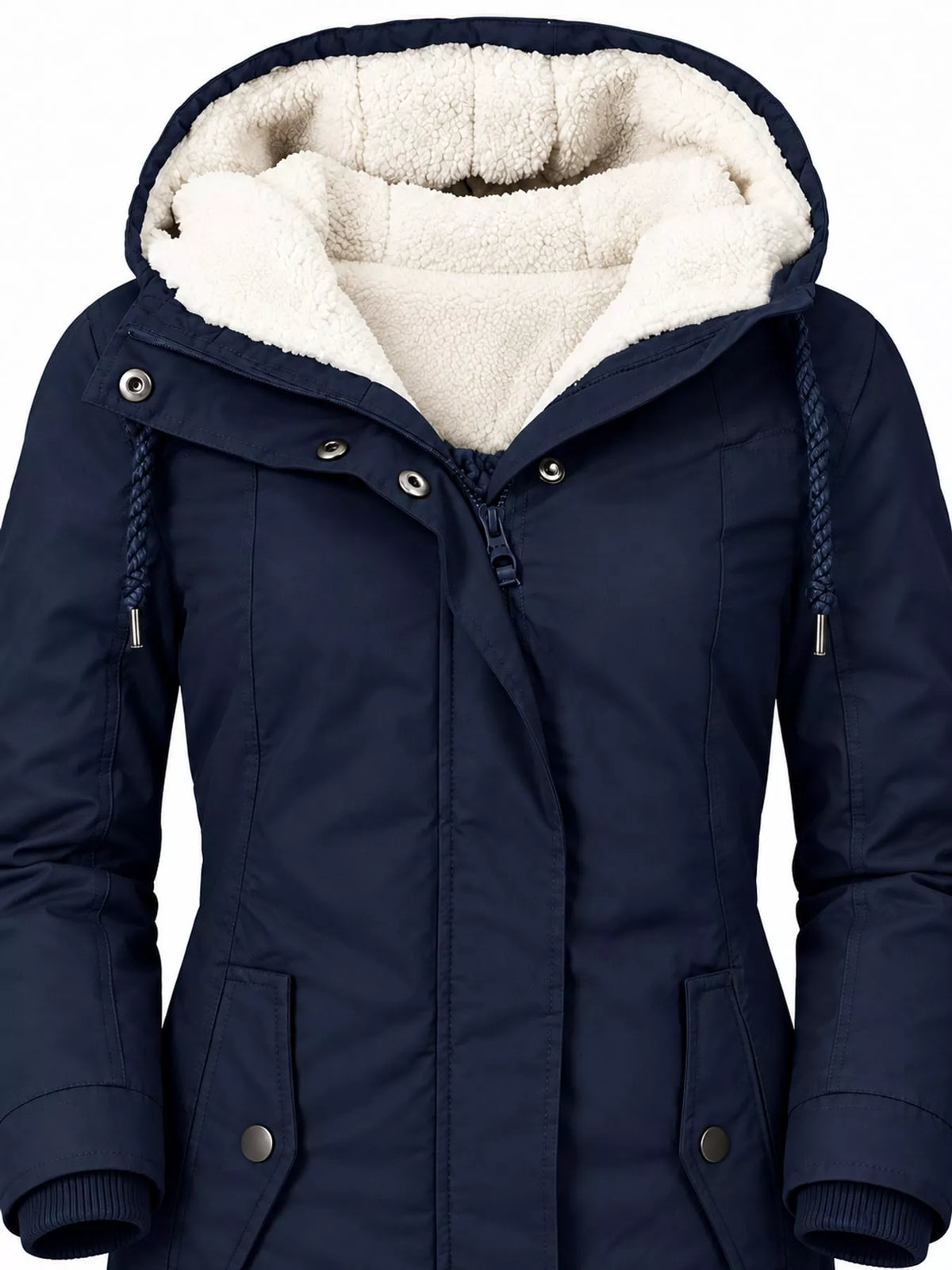 Sherpa-lined hooded parka in navy with front drawstring and utility pockets.