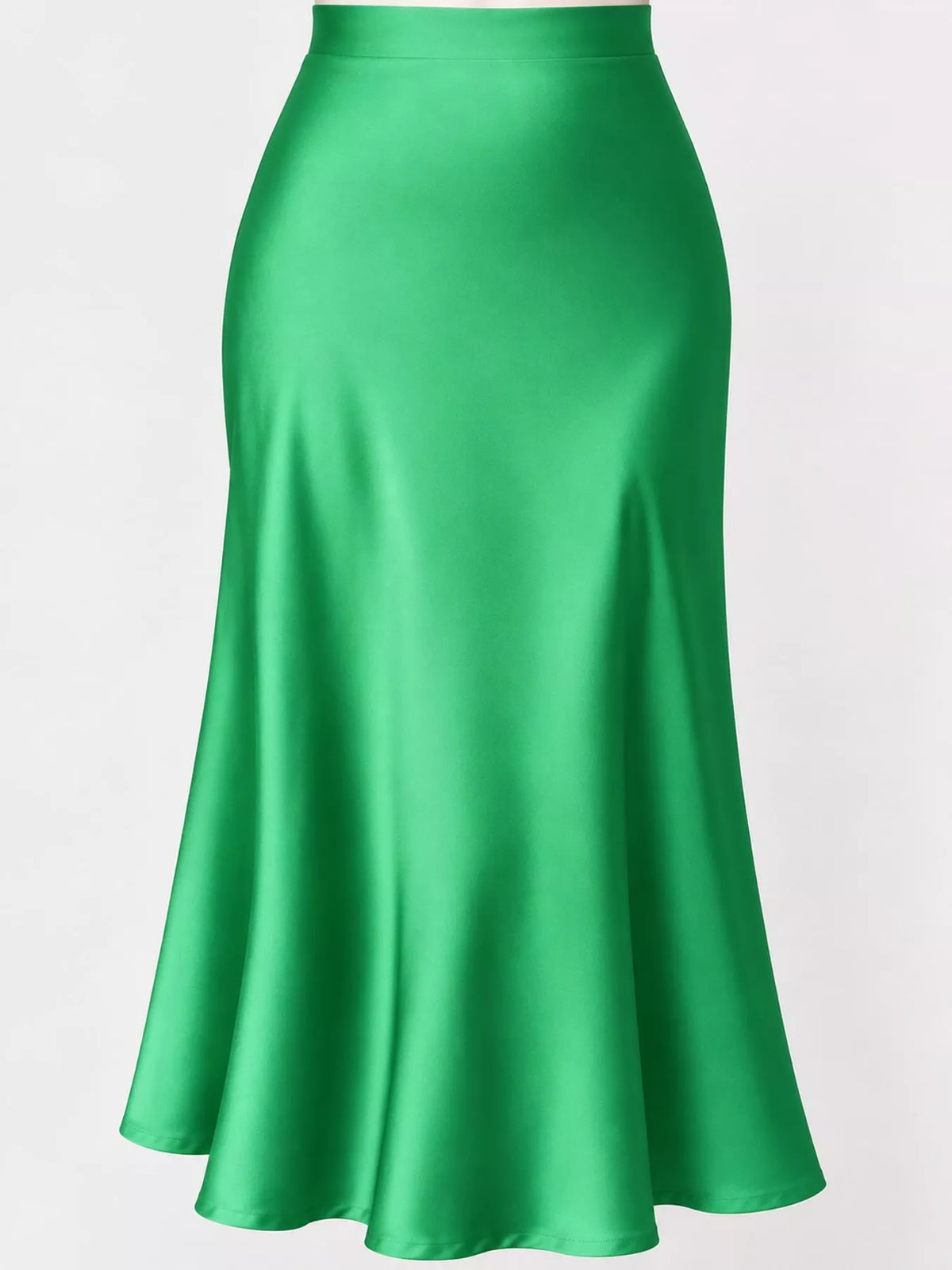 High-waisted satin midi skirt in green, side profile with smooth satin finish