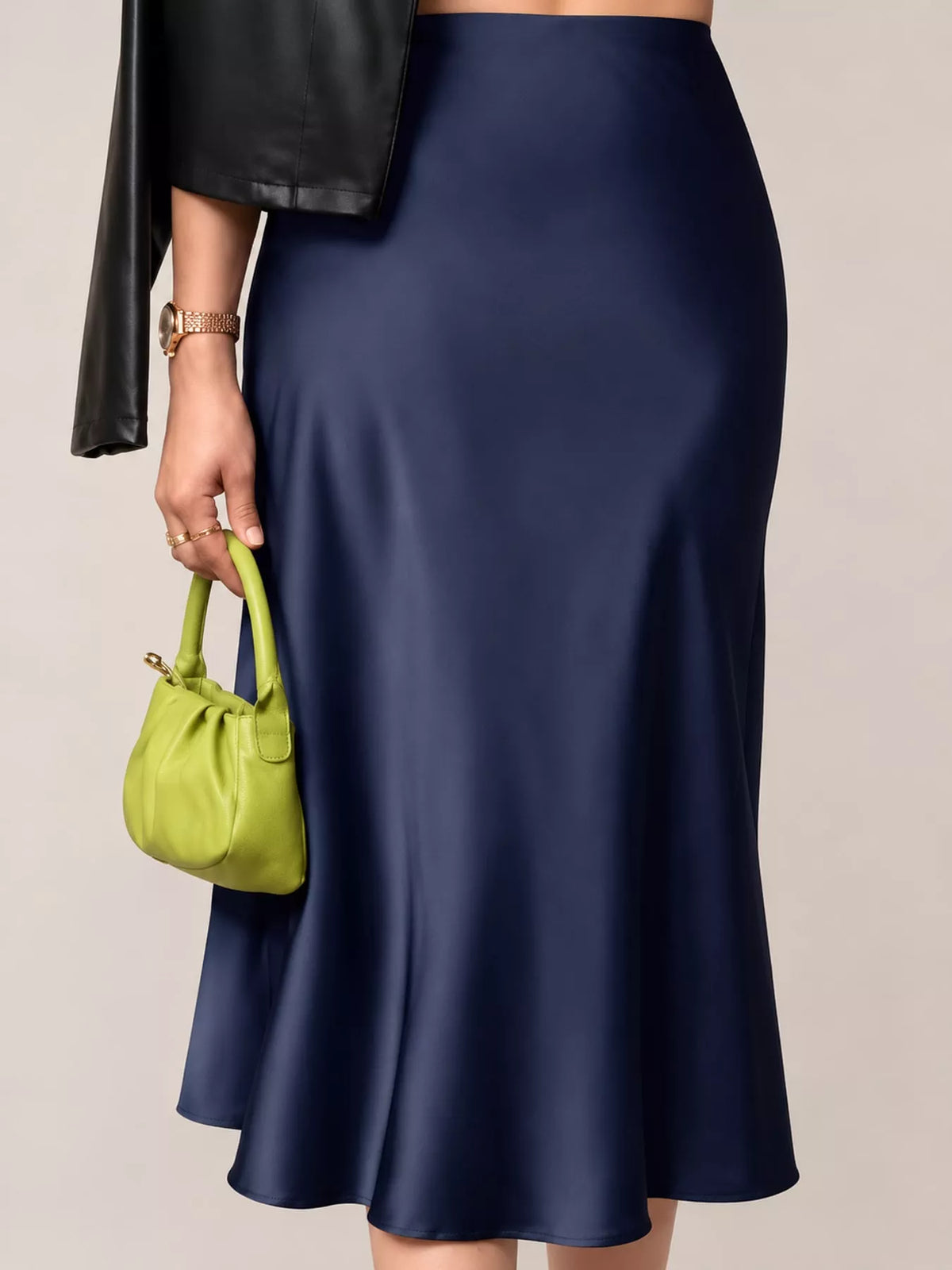 Navy satin high-waisted midi skirt with subtle sheen, flared hemline