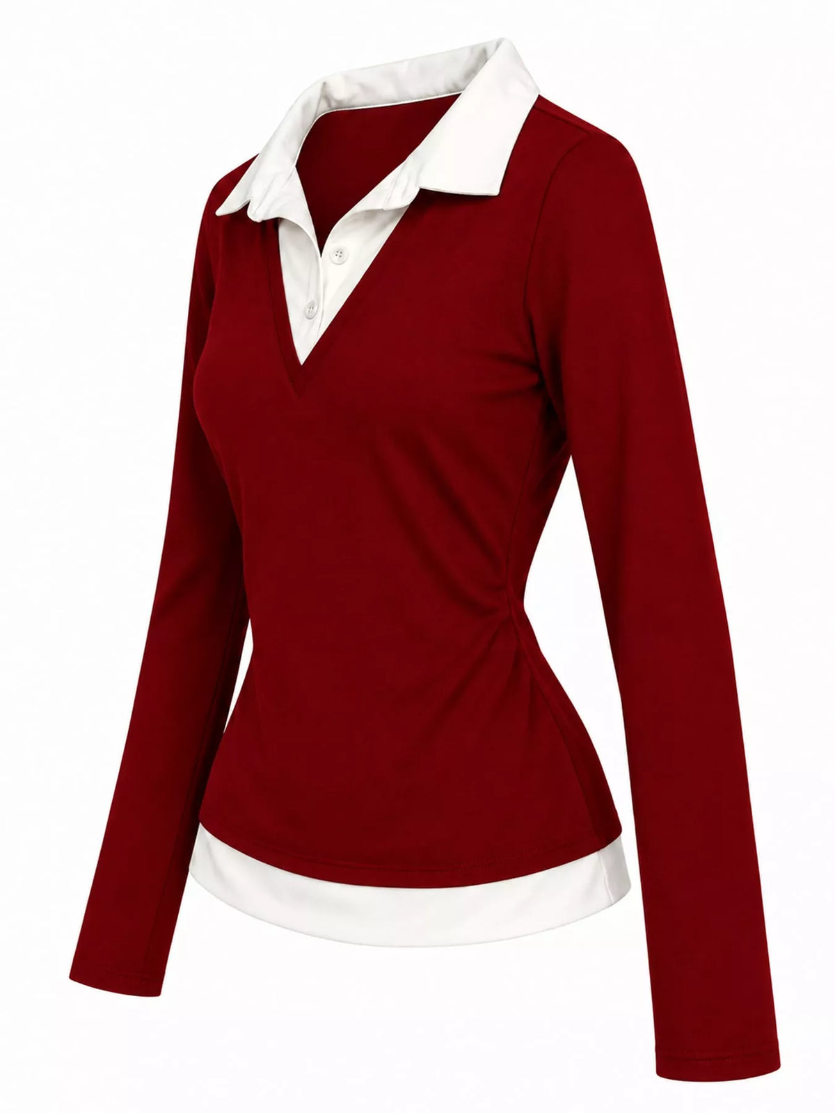Dark red fitted long-sleeve shirt with white contrast collar and hem, shown from the front
