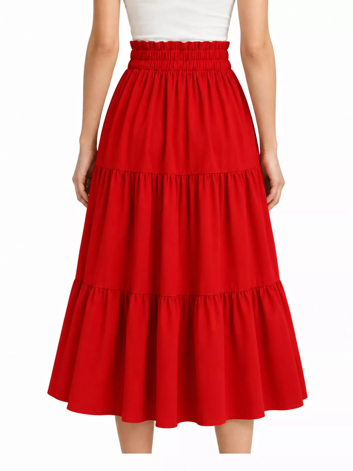 Red tiered midi skirt with elastic waist and three-tier ruffle design
