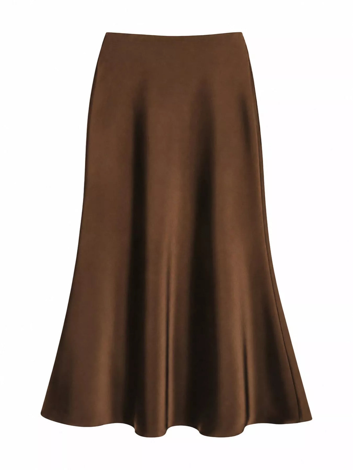 Dark brown satin midi skirt shown from the front, with a high waist and softly flared hem