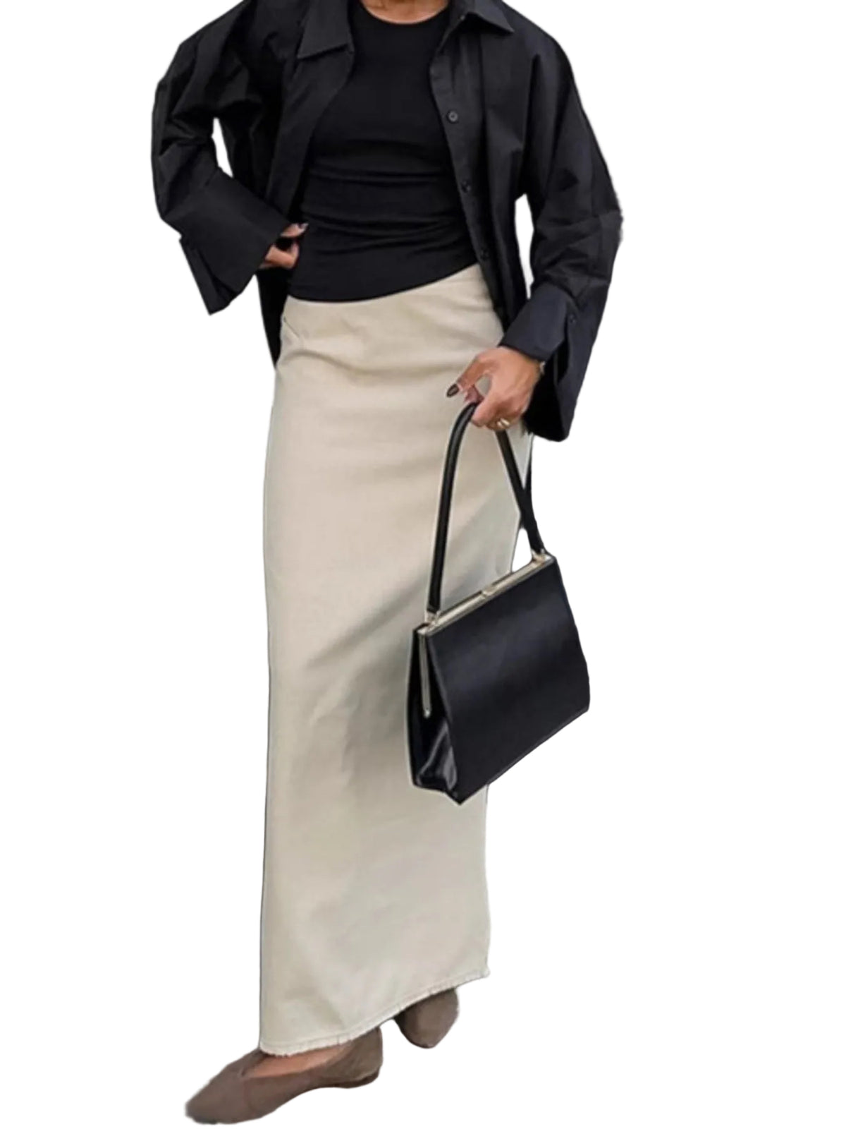 Beige slit midi skirt, floor-length fit shown with a side slit.