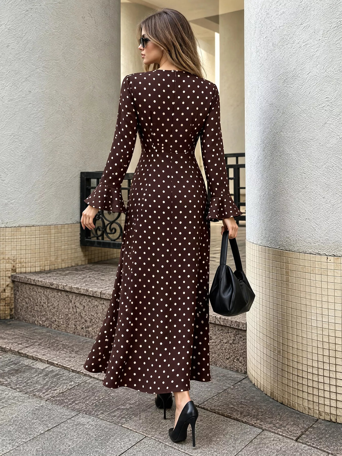 Coffee brown polka dot long sleeve maxi dress with back yoke seam and flared skirt