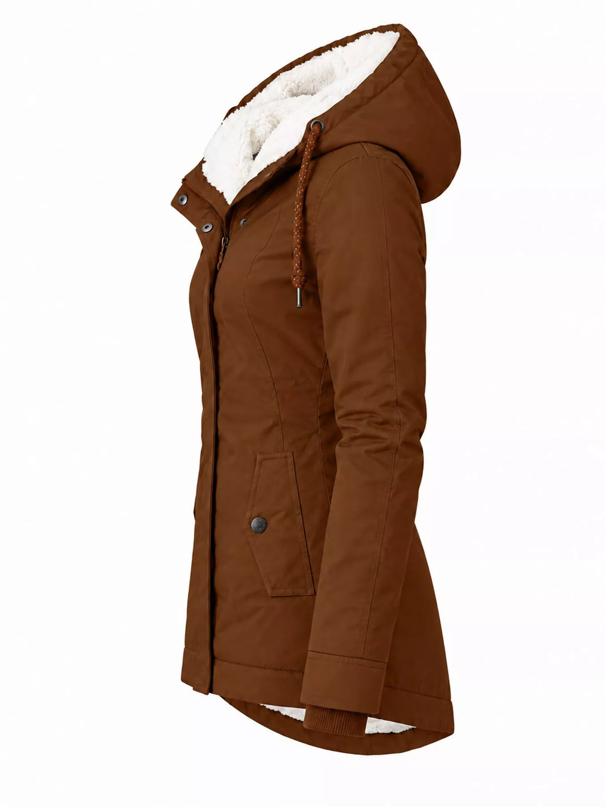 Brown hooded sherpa-lined parka with drawstring hood and side pockets