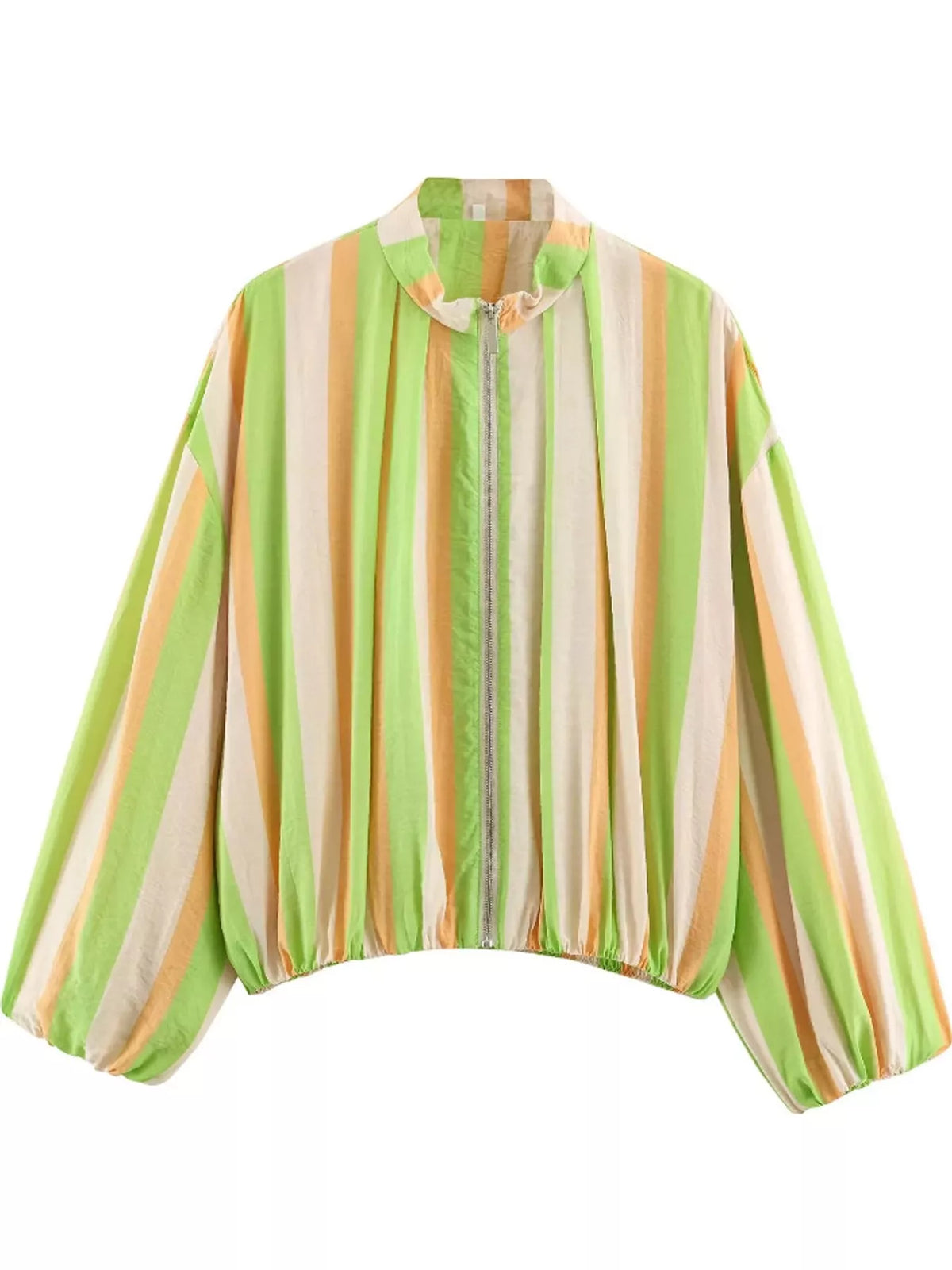 Green striped zip-up lightweight jacket, elastic cuffs and hem, standing collar