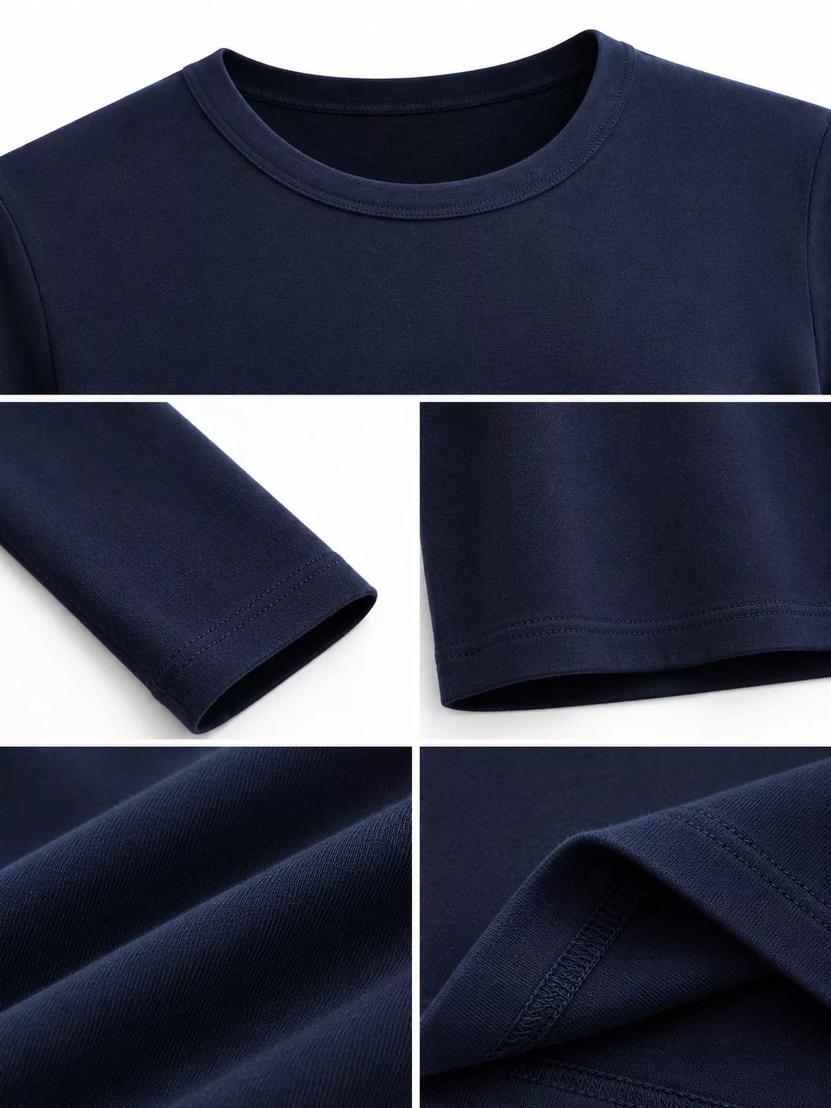 Navy crew neck long sleeve T-shirt detail close-up with stitched cuffs and seams