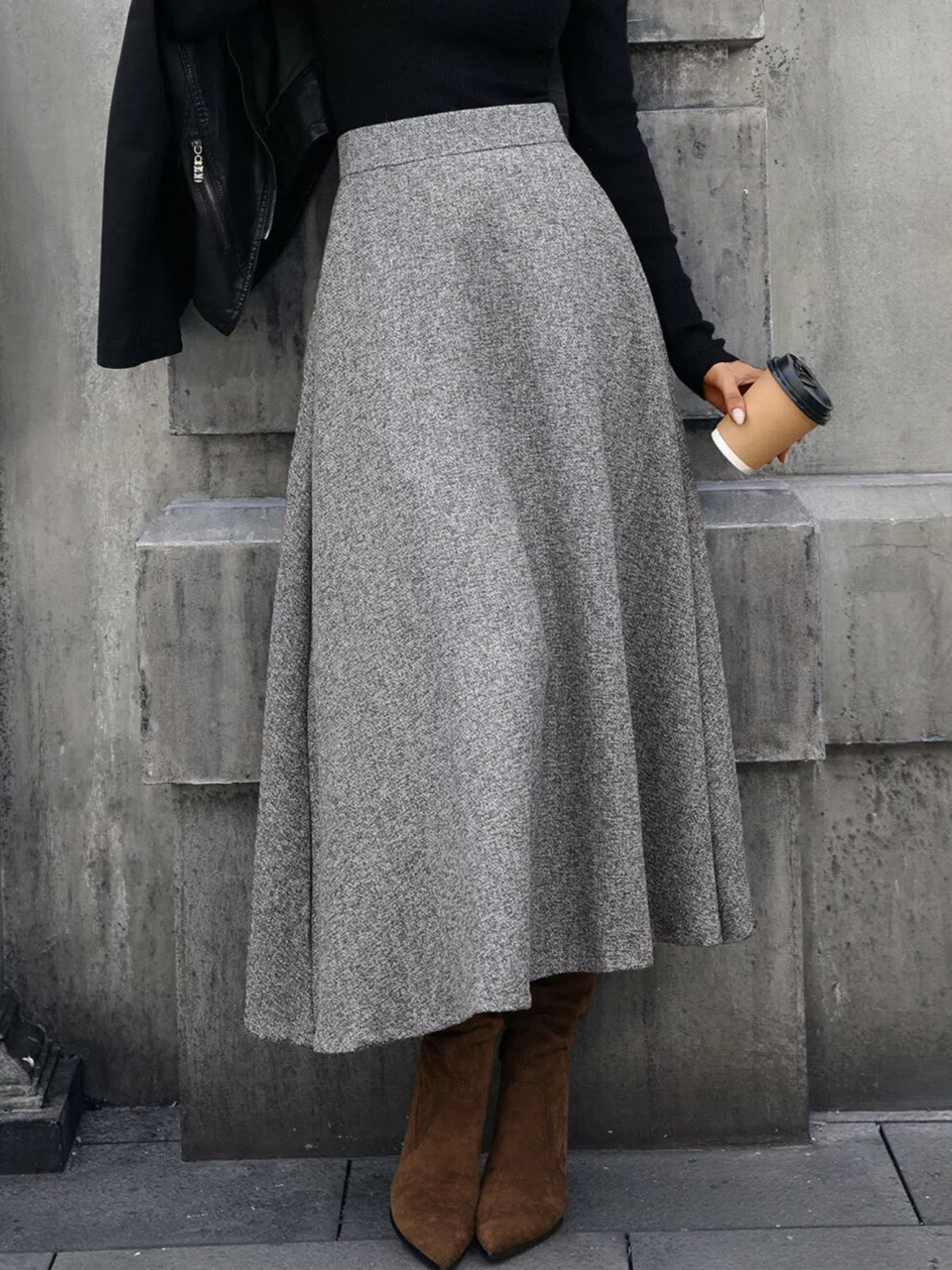 Gray A-line midi skirt with a high waistband and gently flared silhouette