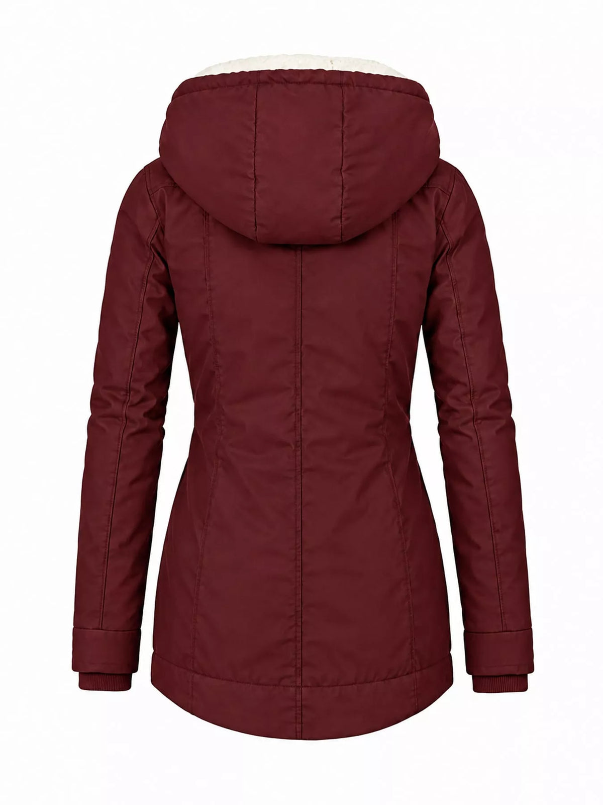 Burgundy sherpa-lined hooded parka, back view with quilted hood and curved hem