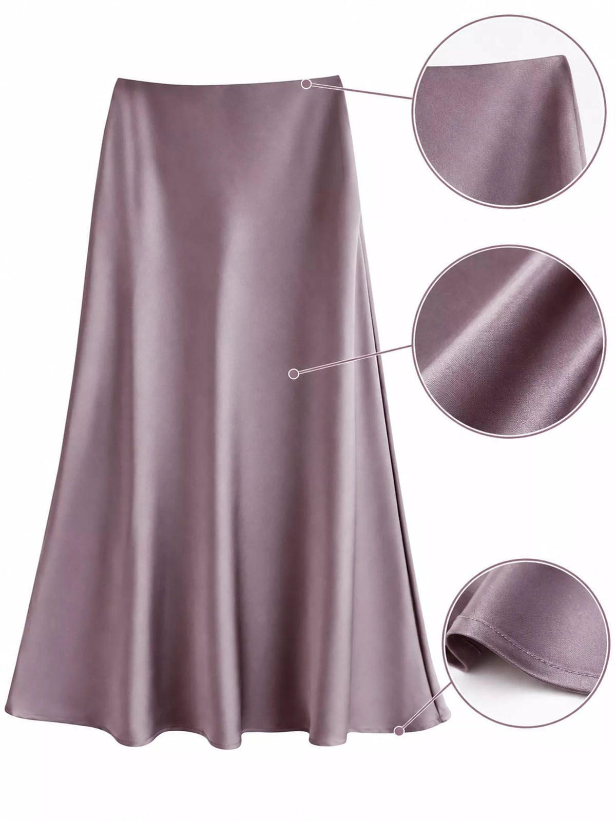 Mauve satin midi skirt with close-ups of the waistband, fabric sheen, and hem