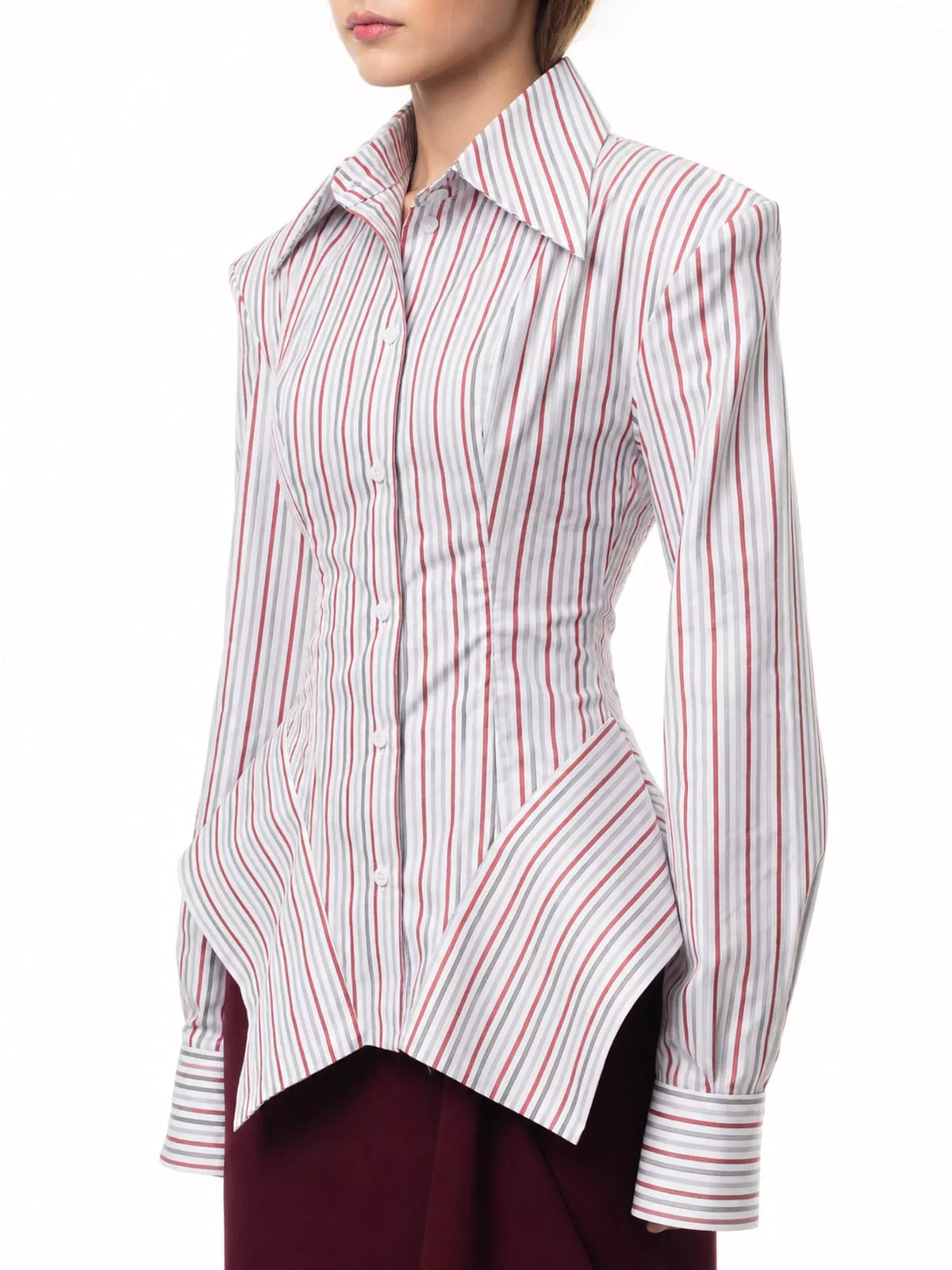 White-and-red vertical striped button-up long sleeve shirt, point collar, button placket