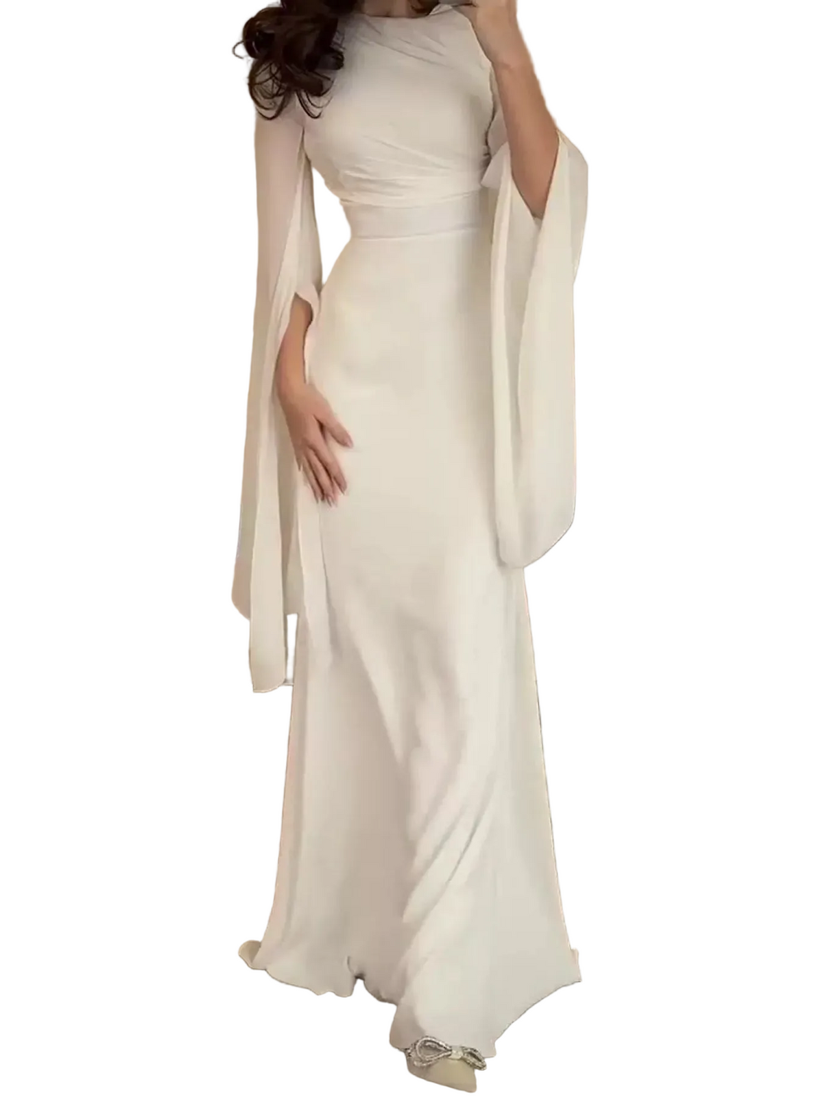 White maxi dress with a fitted waist and long split flare sleeves