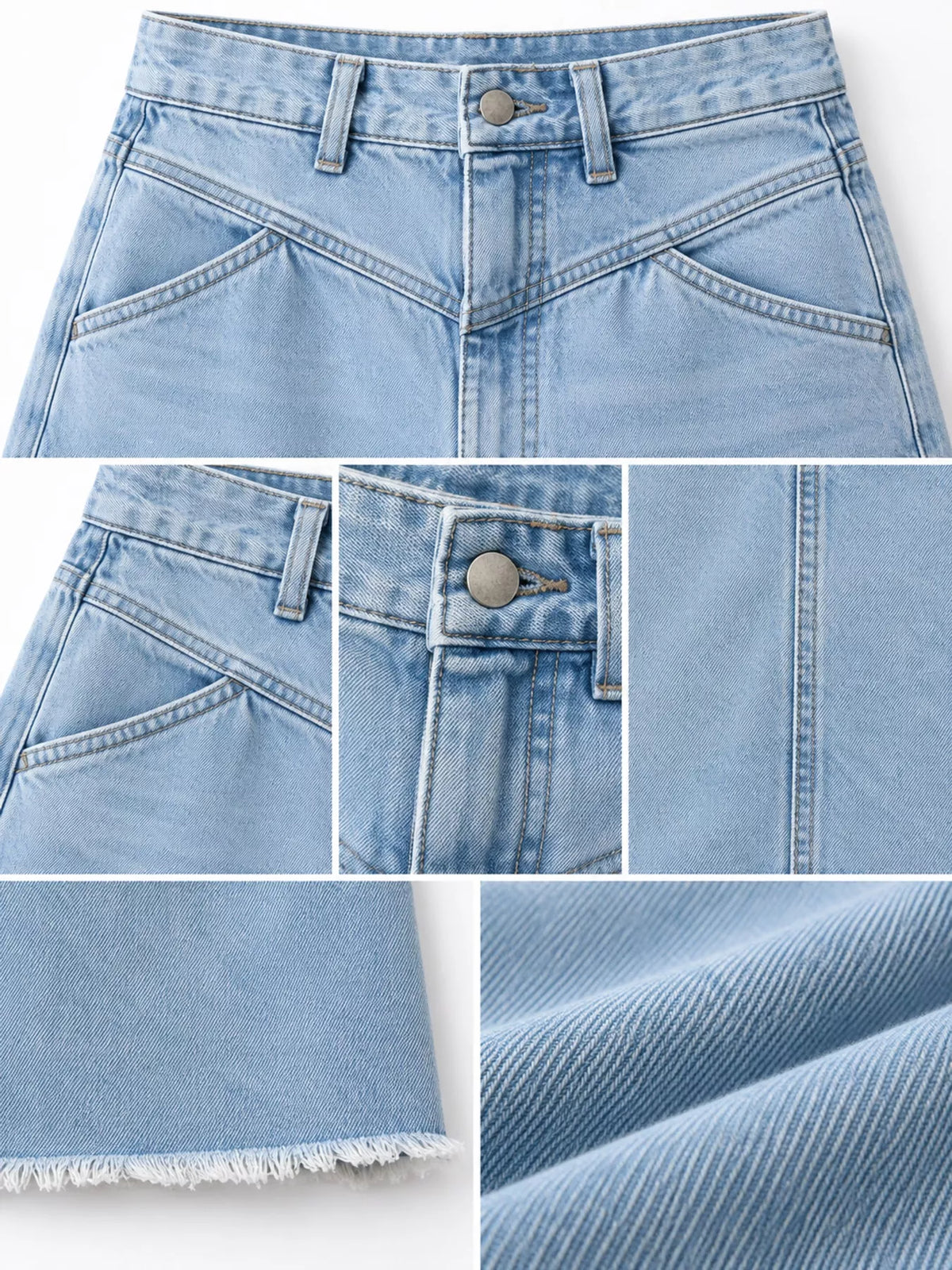 Light blue denim maxi skirt details: waistband, pockets, raw hem, and fabric texture