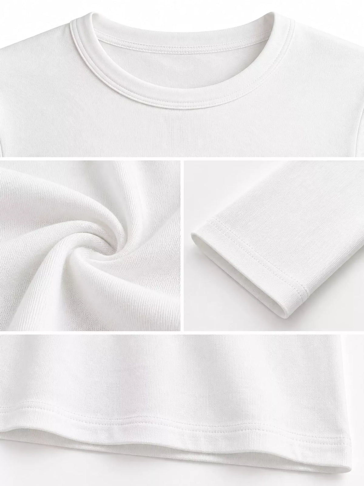 White long sleeve crew neck T-shirt fabric close-up with stitched neckline and cuff.
