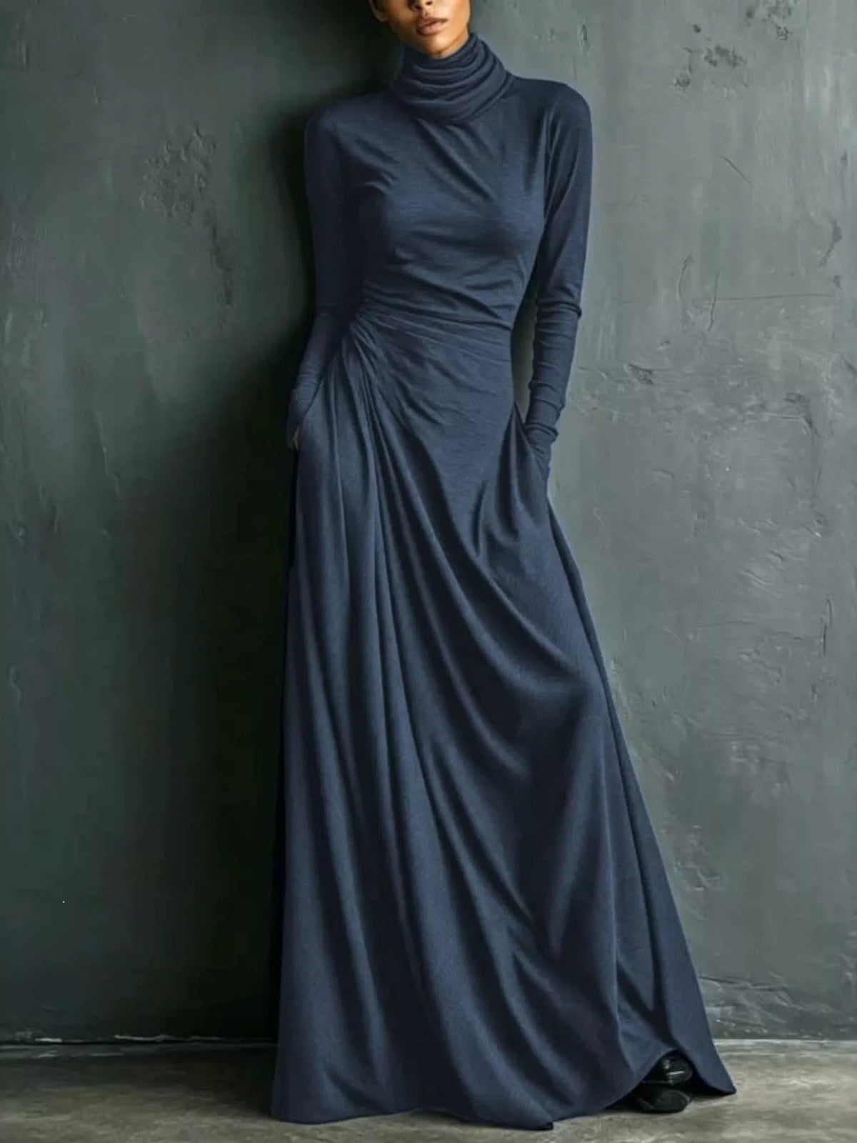 Draped turtleneck maxi dress in navy blue, gathered waist, long sleeves
