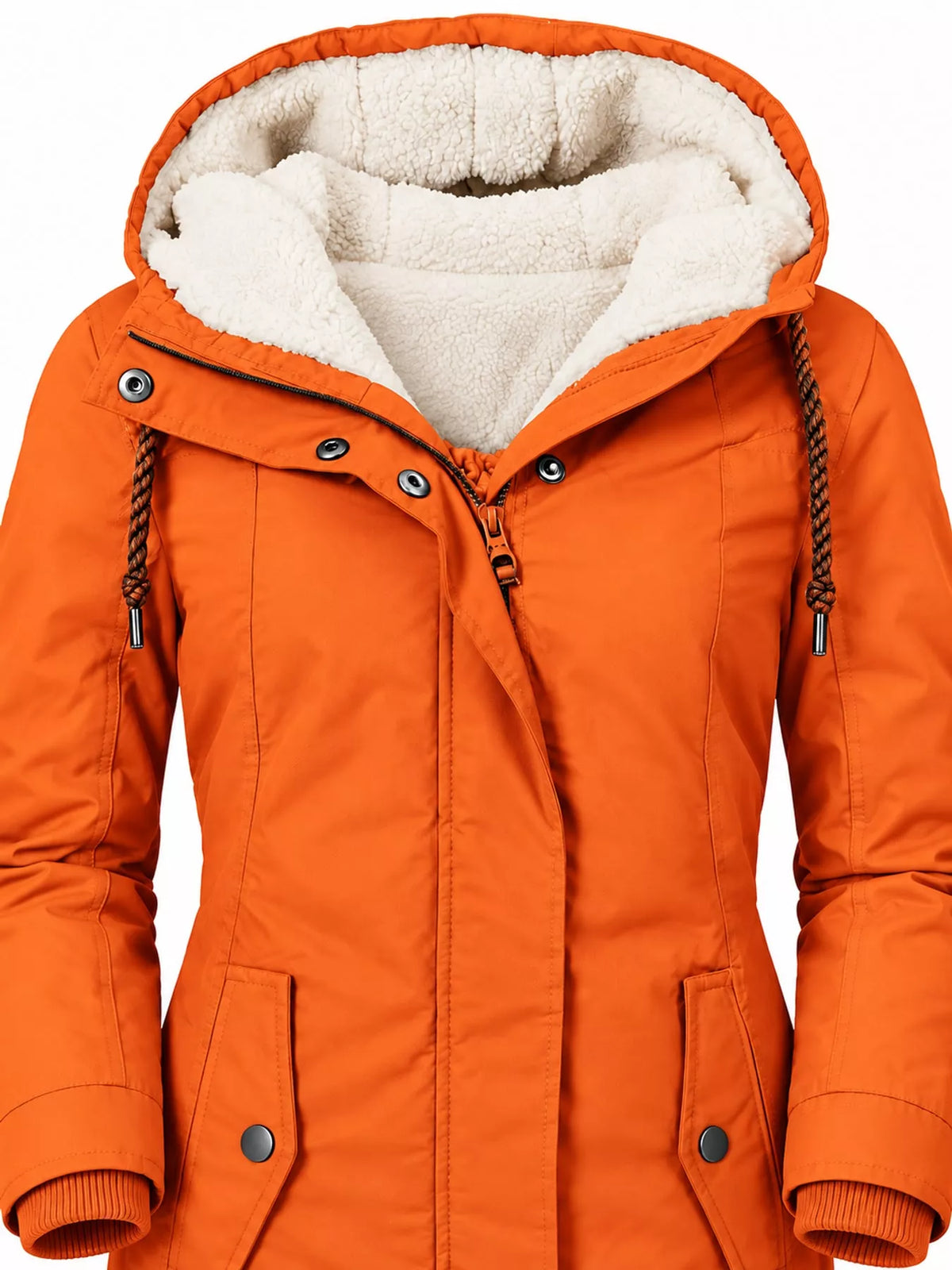 Orange hooded parka close-up with sherpa lining, drawstring ties, and snap buttons