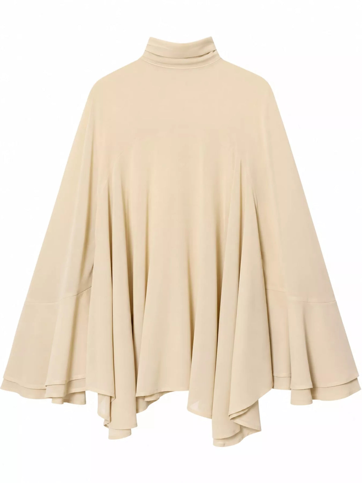Apricot chiffon cover-up with a mock neck and flowing cape sleeves