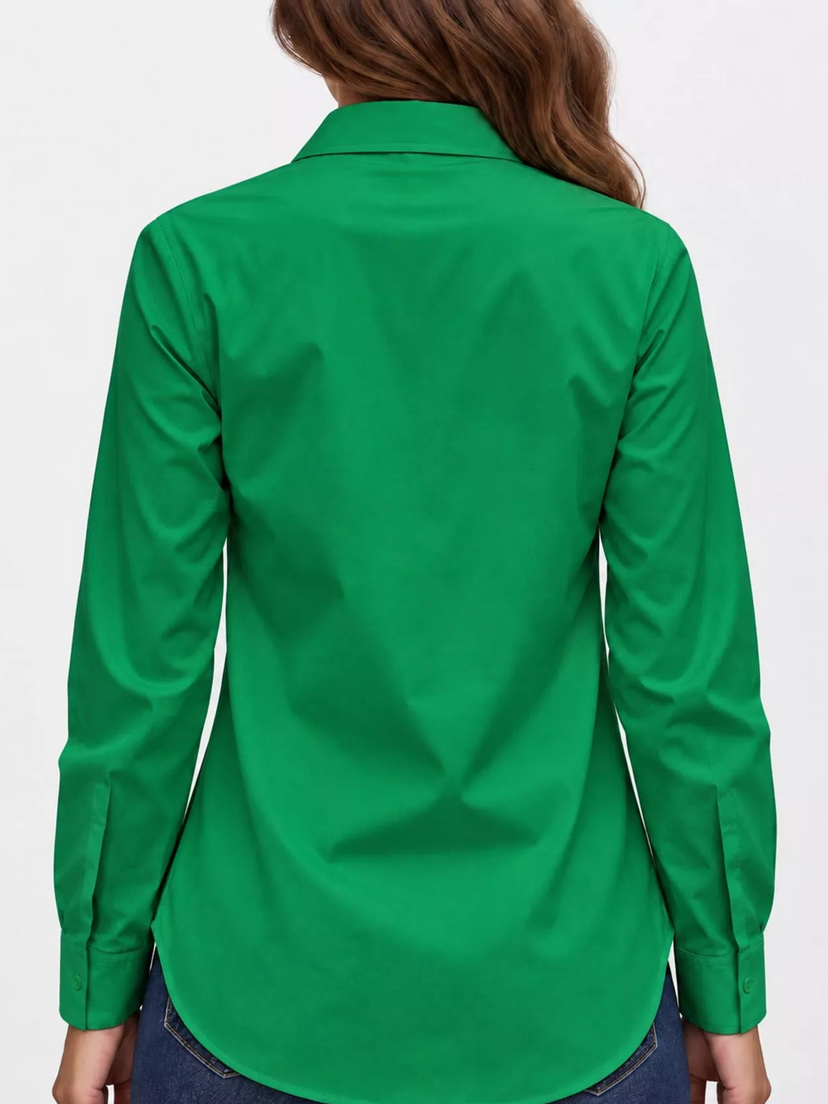Green long-sleeve button-up shirt, back view with yoke and curved hem.