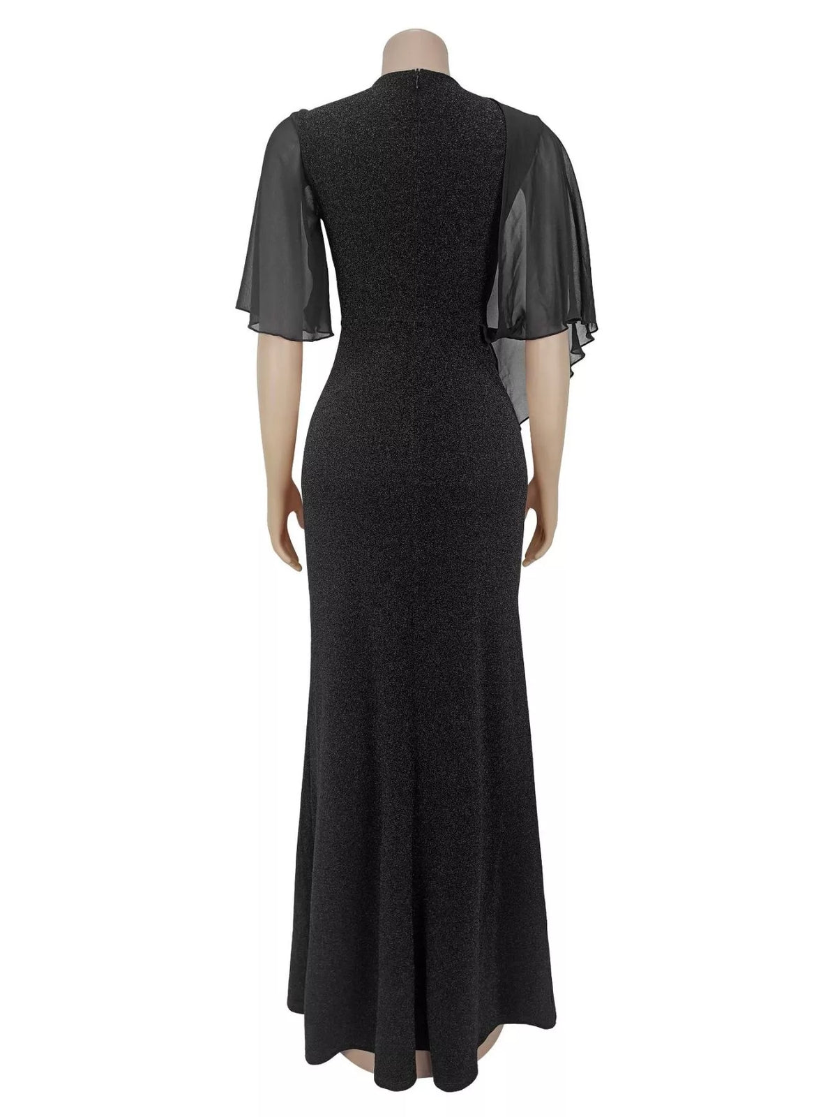 Black maxi dress back view with flutter sleeves and trailing drape at center