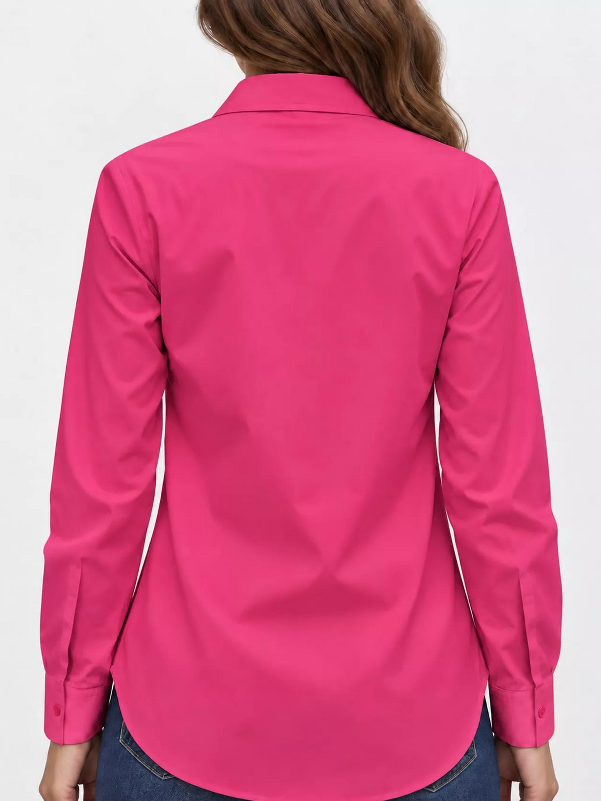 Fuchsia pink long-sleeve button-up shirt, back view with pointed collar and yoke.