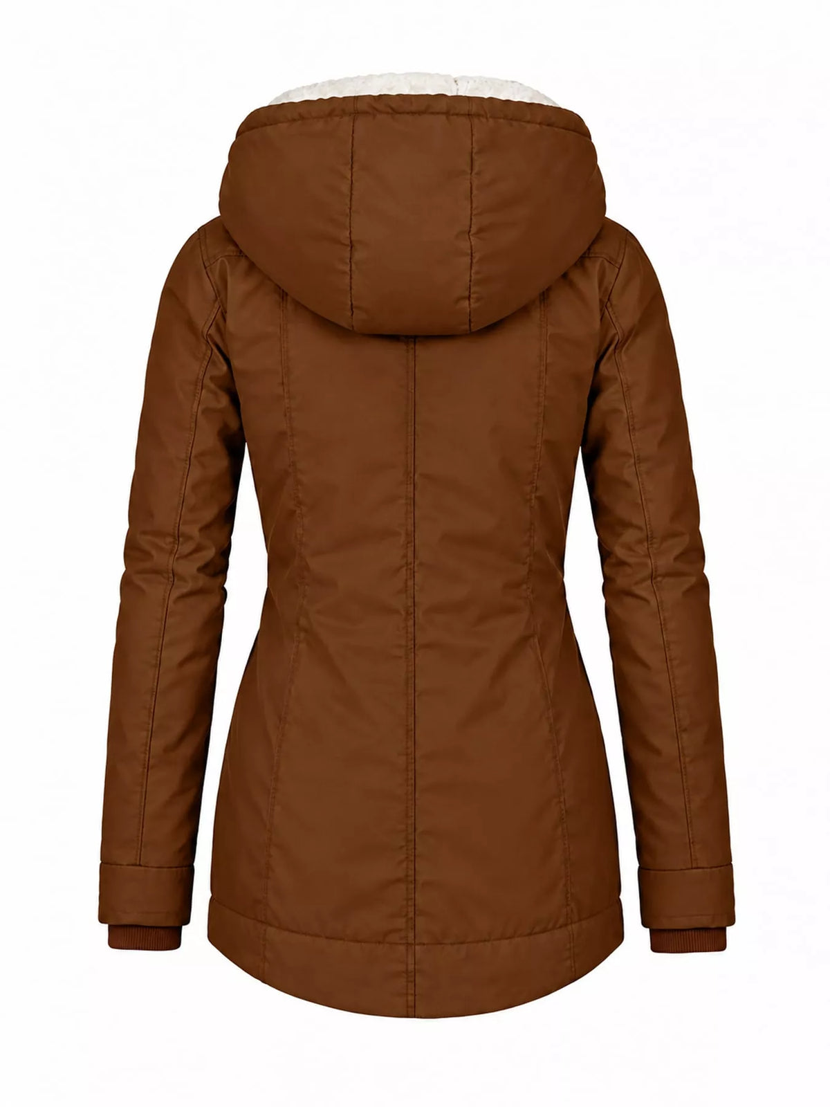 Brown sherpa-lined hooded parka back view with insulated hood
