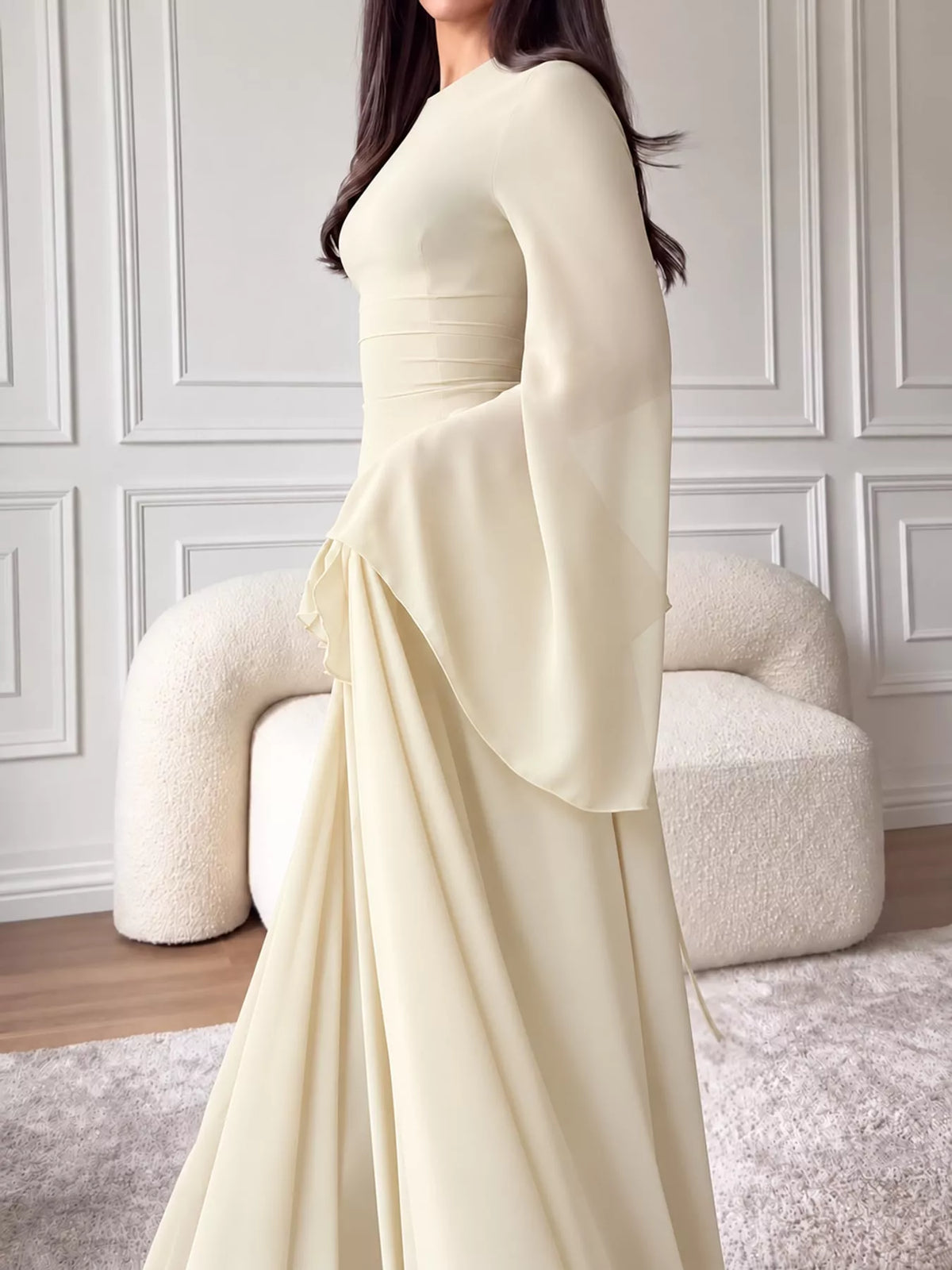 Cream ruffled flare-sleeve maxi dress with tiered skirt and fitted bodice