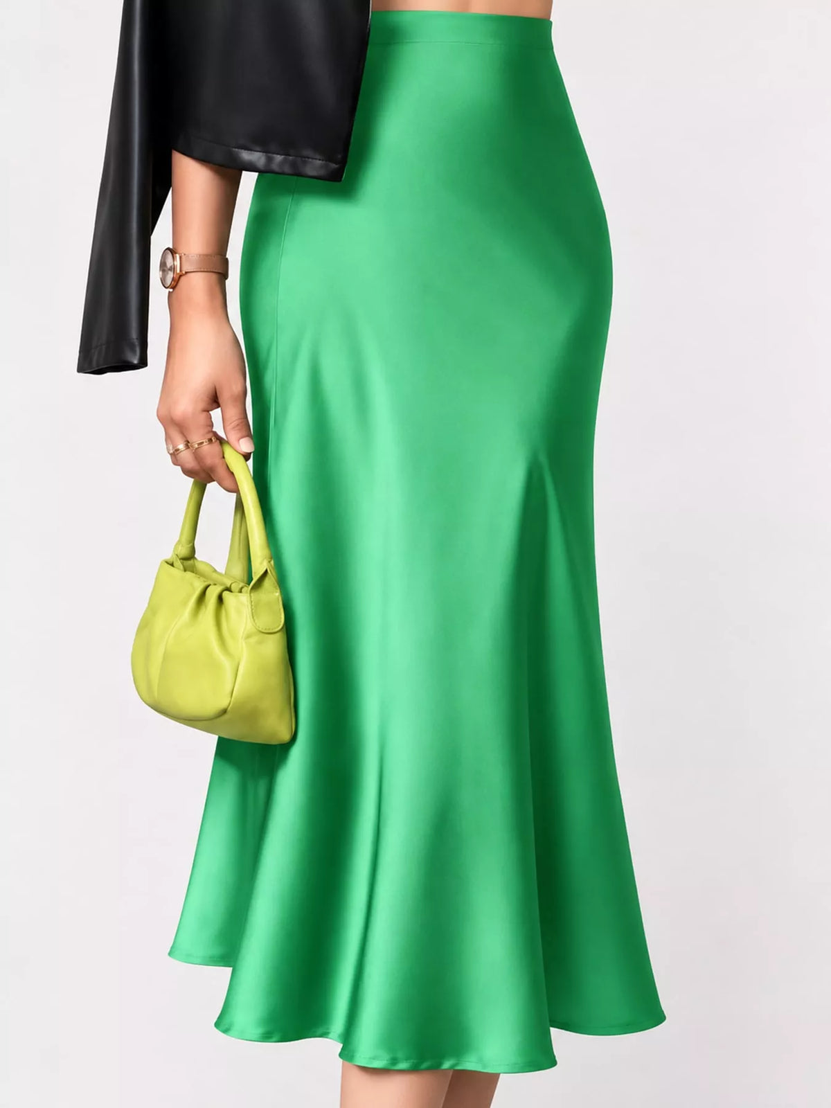 High-waisted satin midi skirt in green, A-line flare with smooth drape