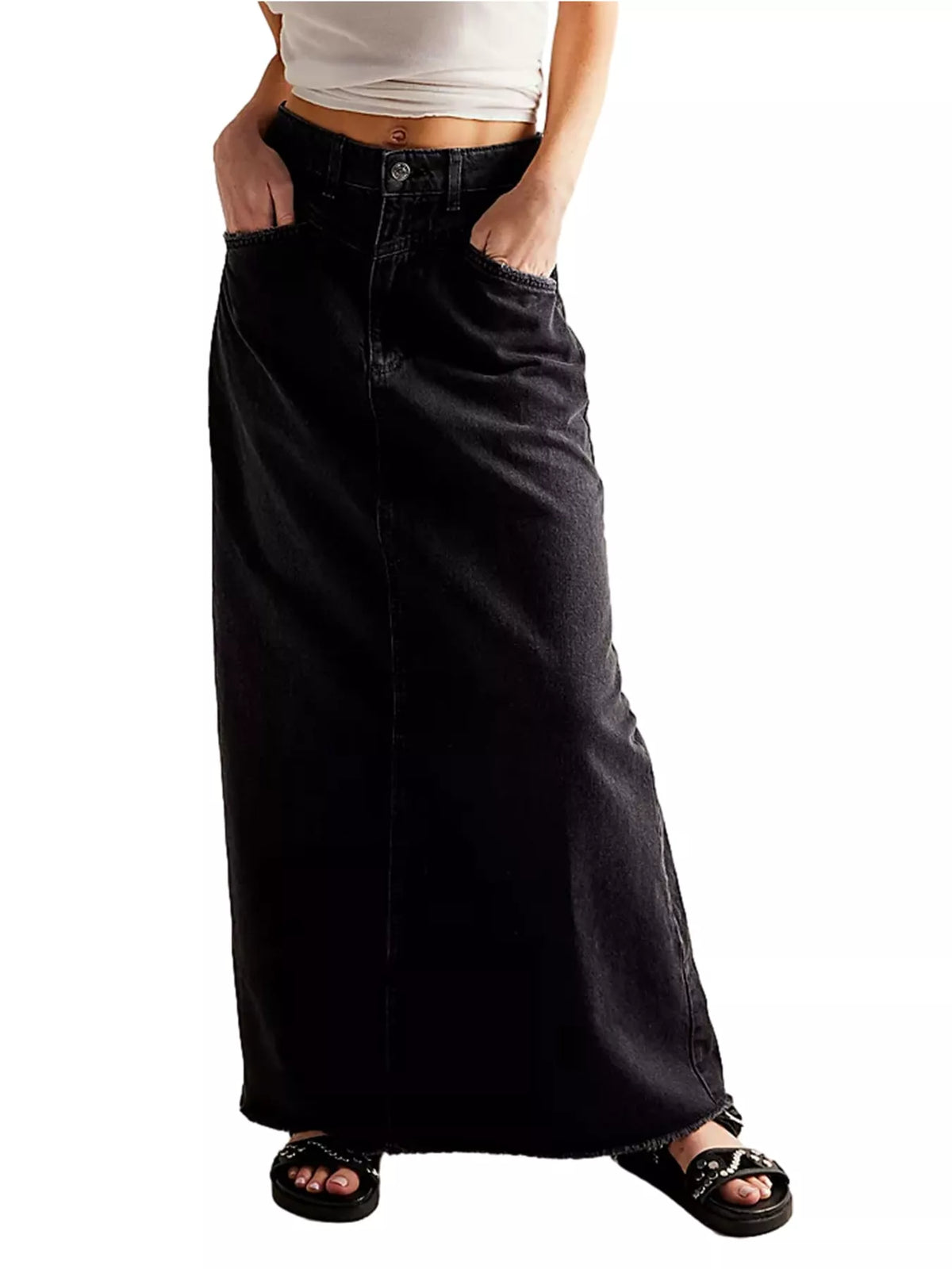 Black denim maxi skirt with raw hem and front button closure